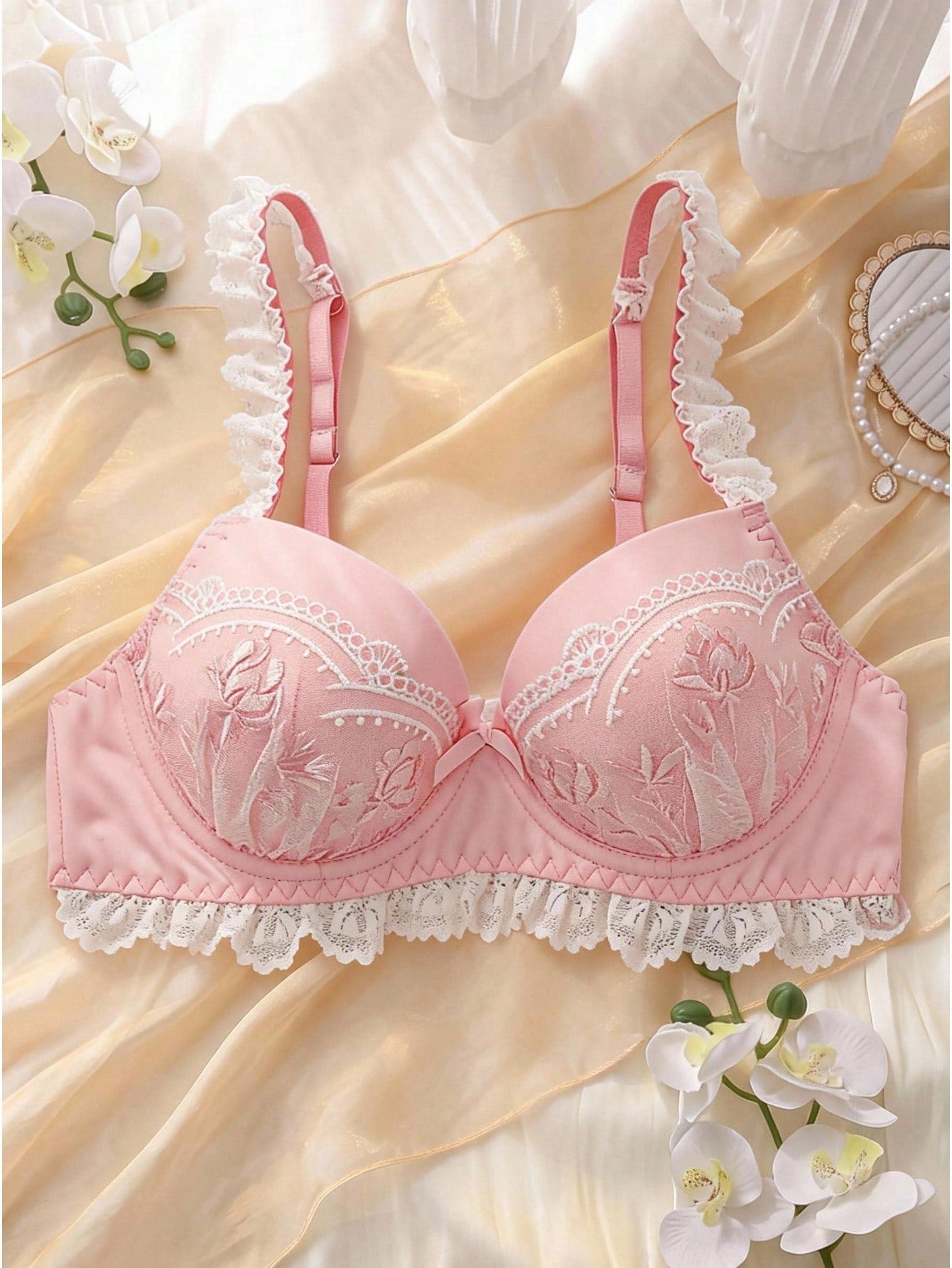 Women's Floral Embroidery Bow Decor Comfortable Bra