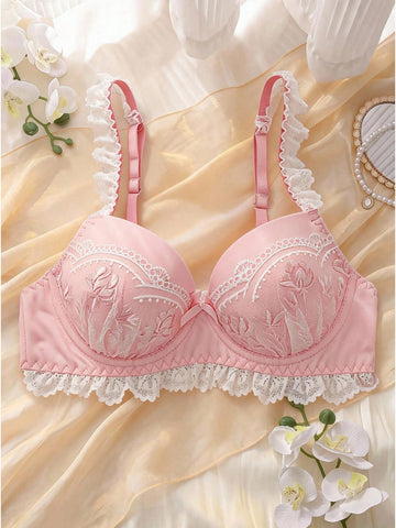 Women's Floral Embroidery Bow Decor Comfortable Bra