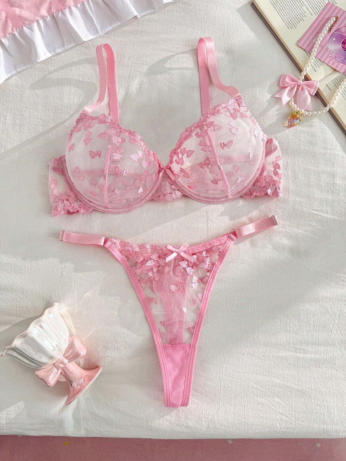 2pcs Plus Size Hot Pink Floral Embroidered Mesh Women's Lingerie Set,Sexy Lace Lingerie And Thong Set With Heart Details,Summer Wedding Intimates