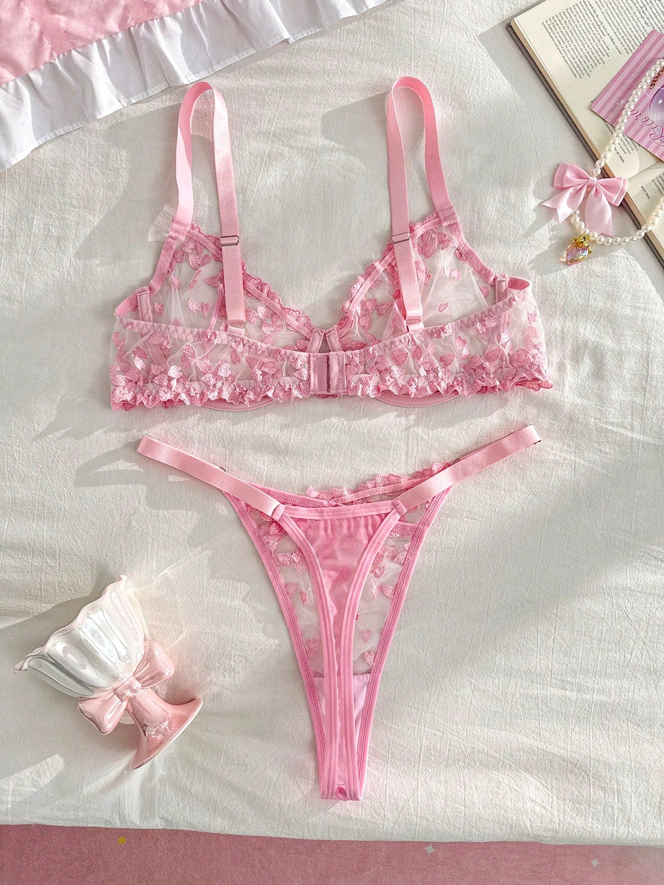 2pcs Plus Size Hot Pink Floral Embroidered Mesh Women's Lingerie Set,Sexy Lace Lingerie And Thong Set With Heart Details,Summer Wedding Intimates