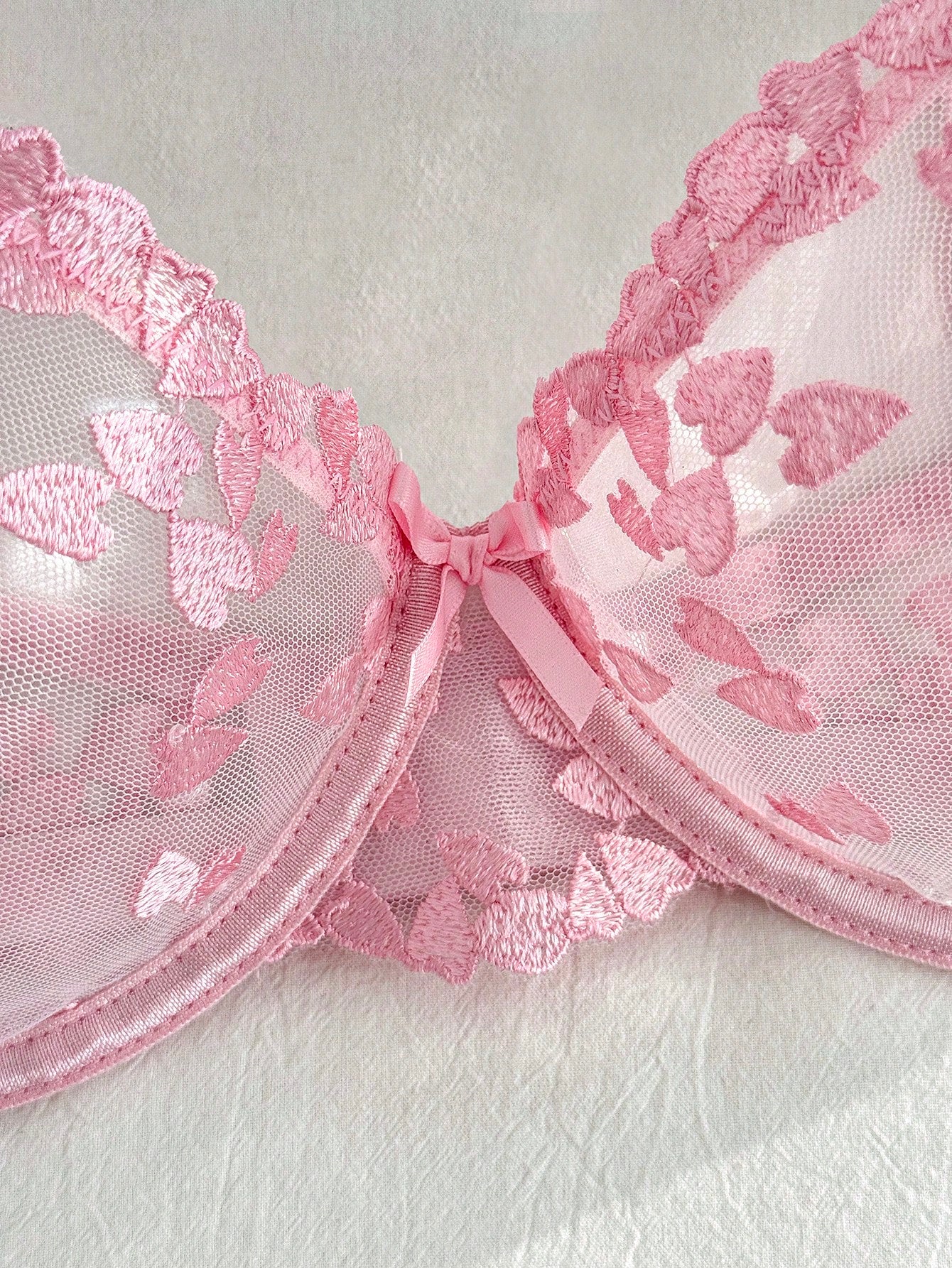 2pcs Plus Size Hot Pink Floral Embroidered Mesh Women's Lingerie Set,Sexy Lace Lingerie And Thong Set With Heart Details,Summer Wedding Intimates