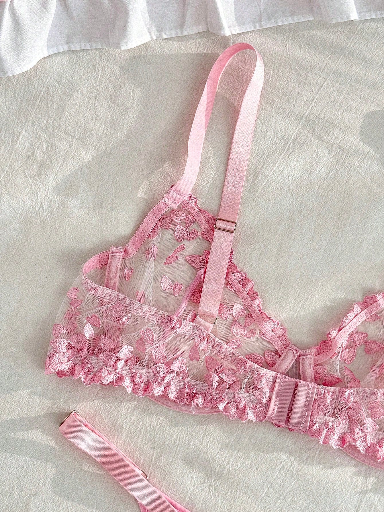 2pcs Plus Size Hot Pink Floral Embroidered Mesh Women's Lingerie Set,Sexy Lace Lingerie And Thong Set With Heart Details,Summer Wedding Intimates
