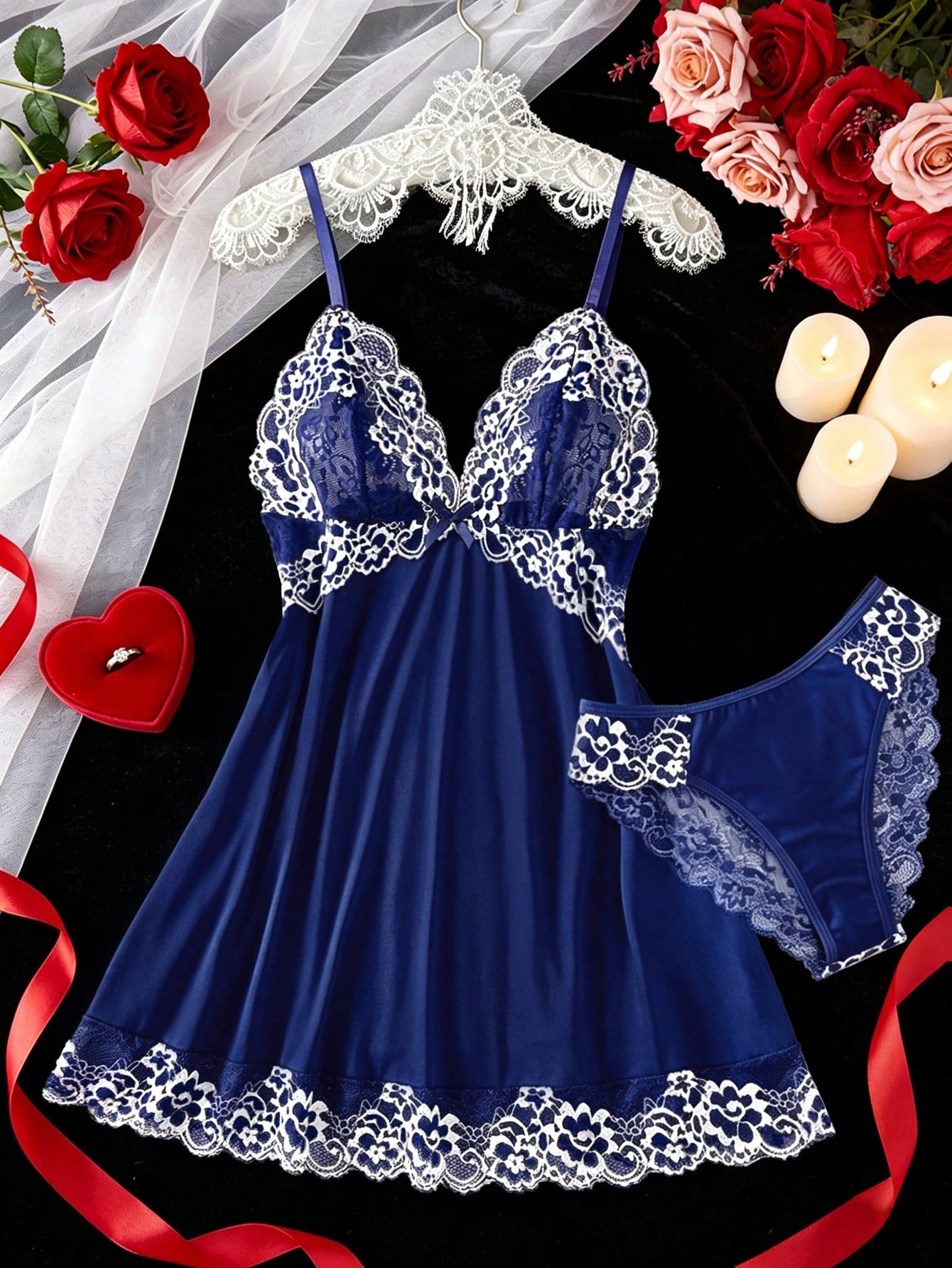 2pcs Contrast Floral Lace Sleepwear Set, V-Neck Semi-Sheer Bow Tie Nightgown And Panties, Elegant Women Pajamas