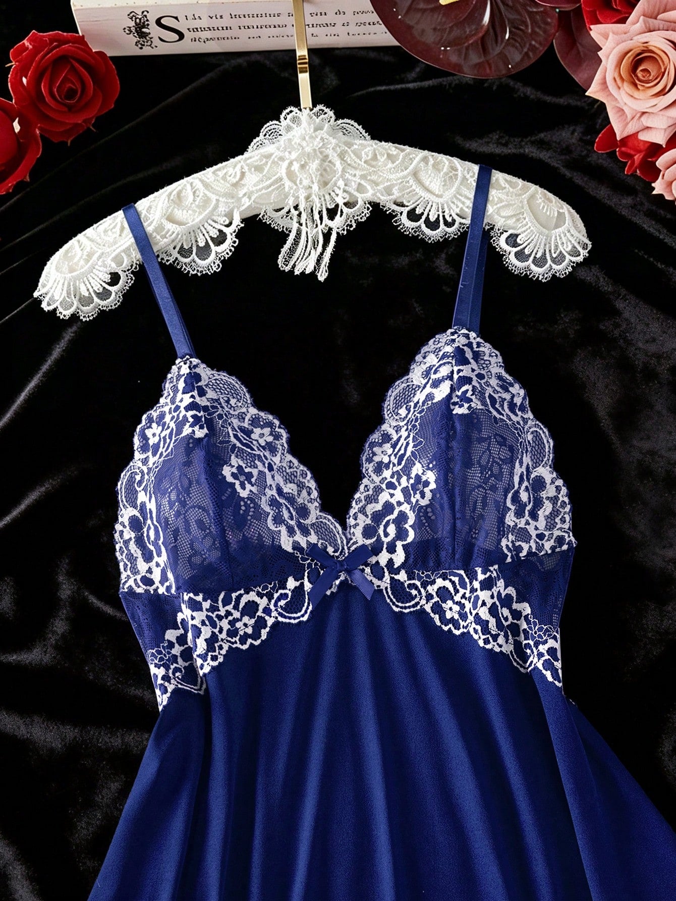2pcs Contrast Floral Lace Sleepwear Set, V-Neck Semi-Sheer Bow Tie Nightgown And Panties, Elegant Women Pajamas
