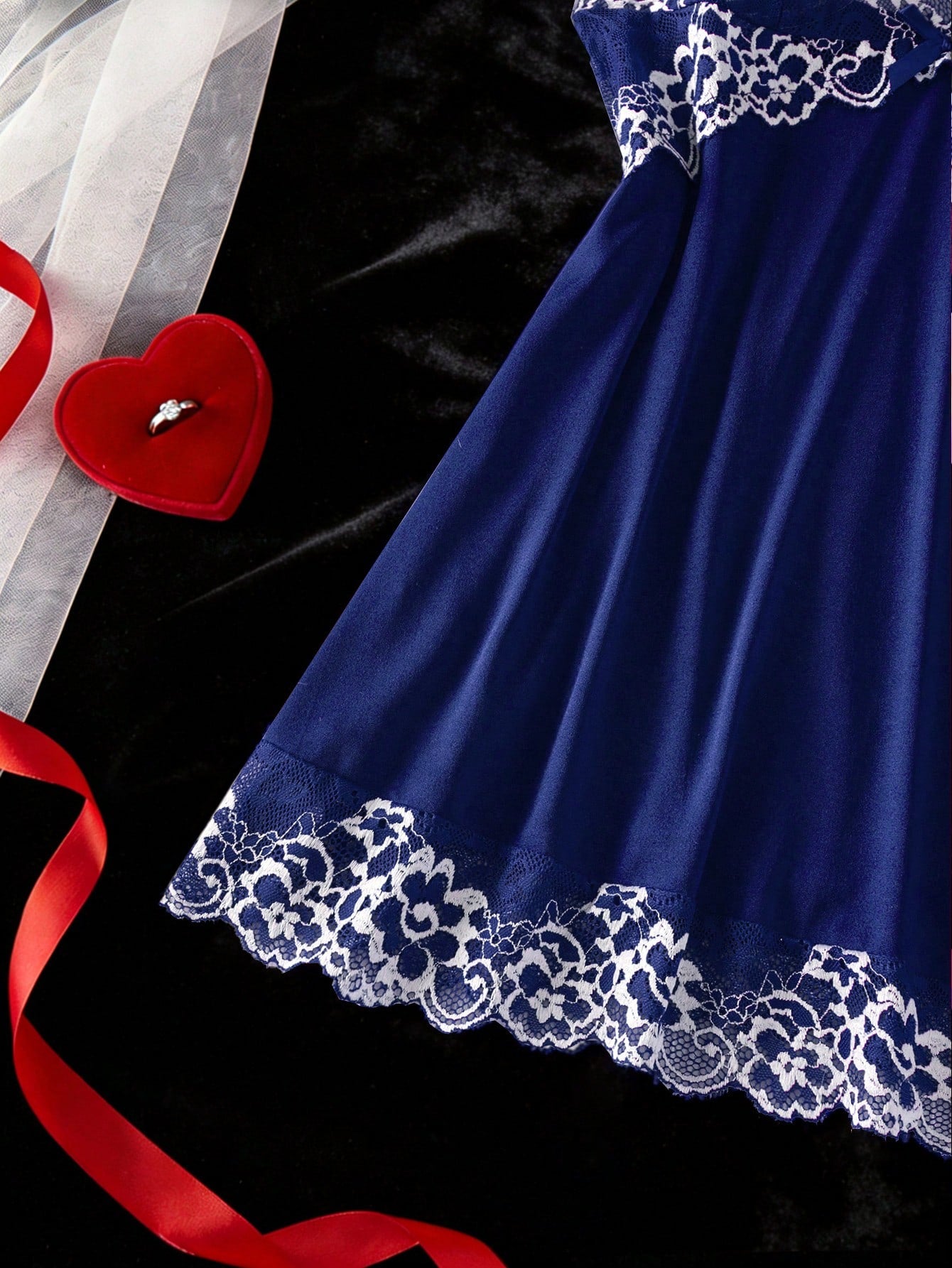 2pcs Contrast Floral Lace Sleepwear Set, V-Neck Semi-Sheer Bow Tie Nightgown And Panties, Elegant Women Pajamas