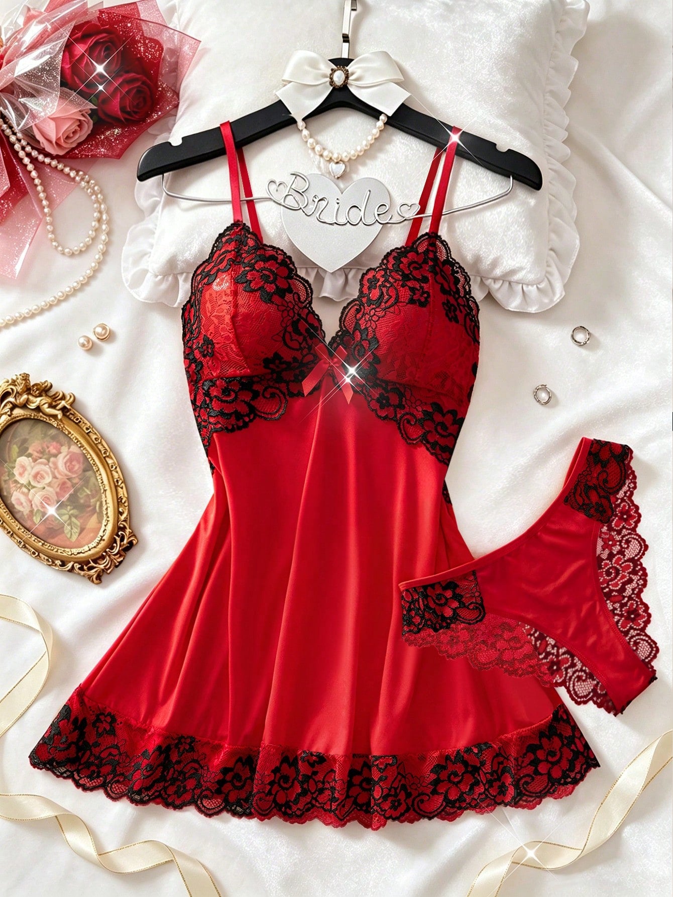 2pcs Contrast Floral Lace Sleepwear Set, V-Neck Semi-Sheer Bow Tie Nightgown And Panties, Elegant Women Pajamas