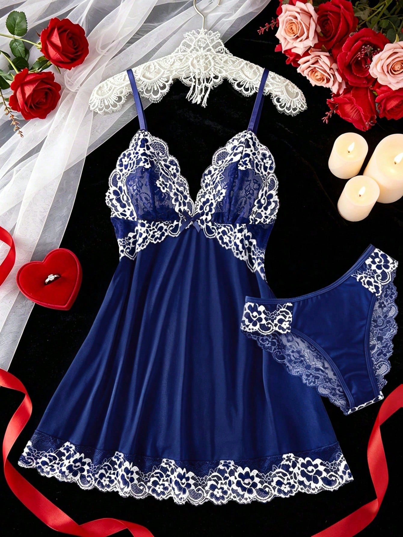 2pcs Contrast Floral Lace Sleepwear Set, V-Neck Semi-Sheer Bow Tie Nightgown And Panties, Elegant Women Pajamas