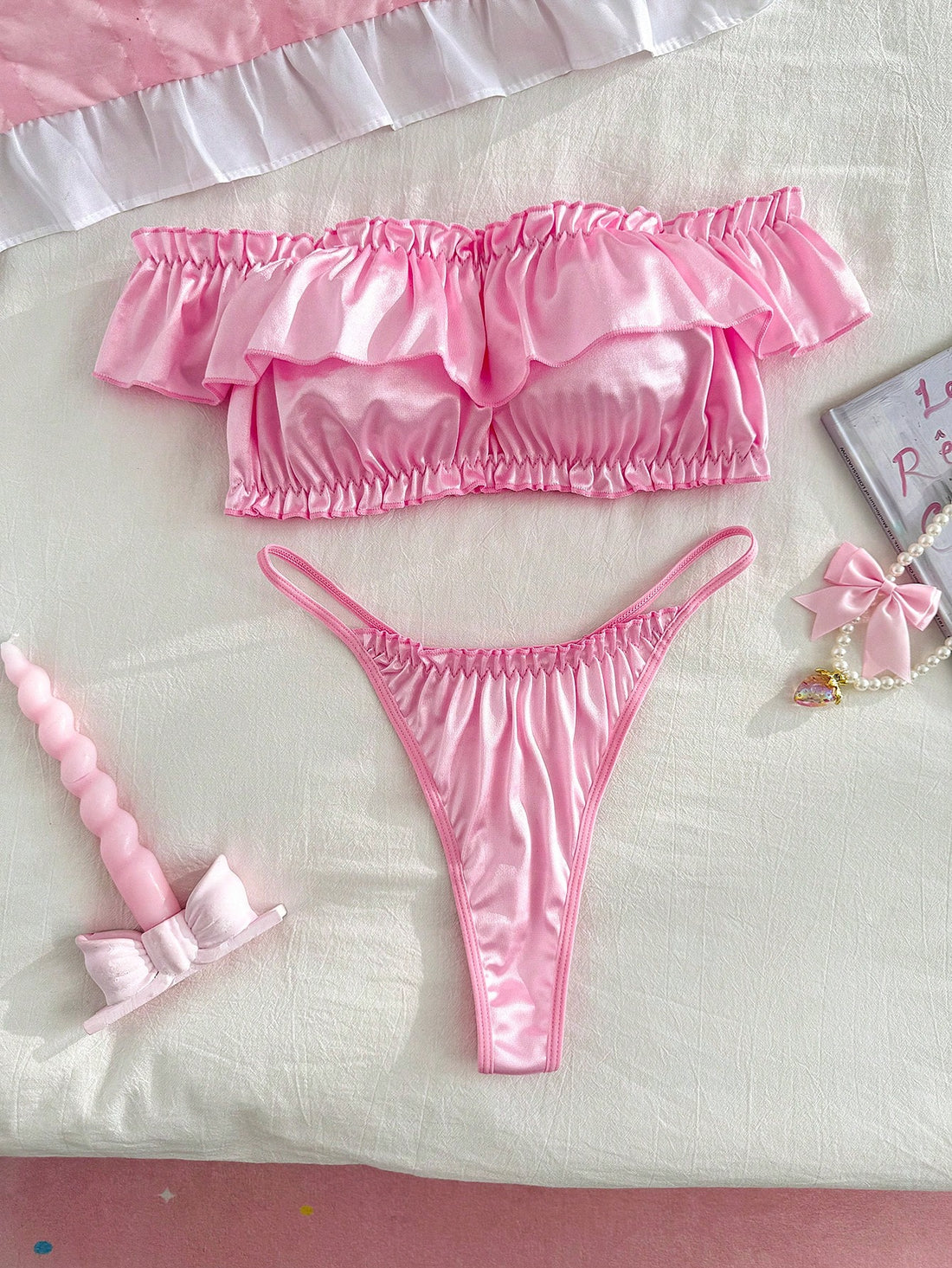 2pcs Pink Ruffle Off-Shoulder Satin Kawaii Cute Coquette Babydoll Lolita Sweet Lingerie Set For Women