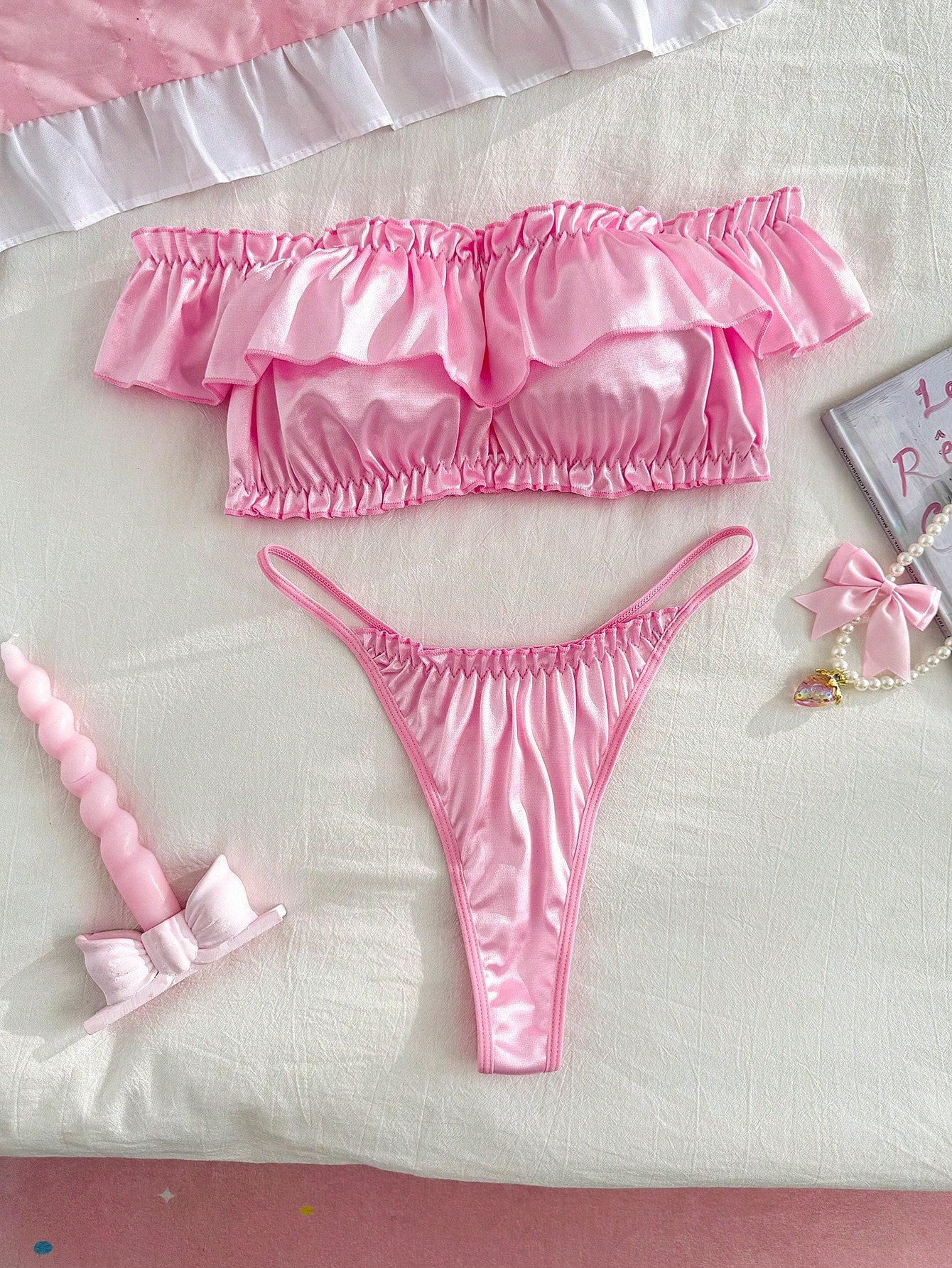 2pcs Pink Ruffle Off-Shoulder Satin Kawaii Cute Coquette Babydoll Lolita Sweet Lingerie Set For Women