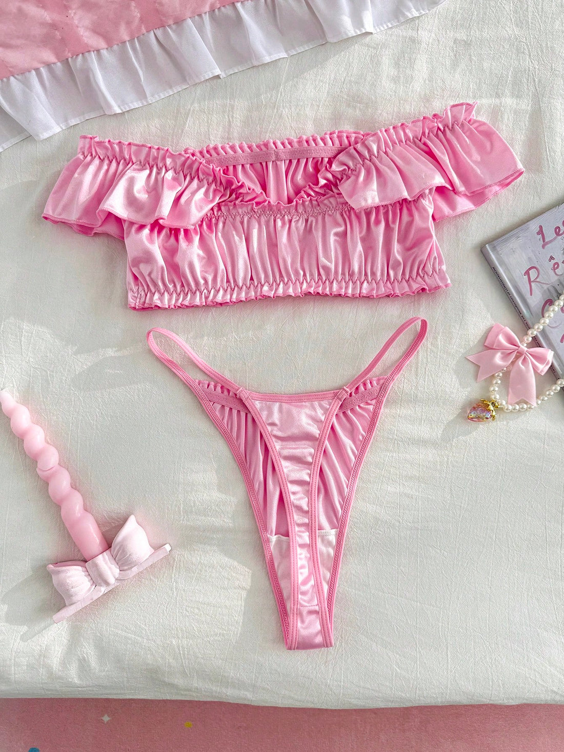 2pcs Pink Ruffle Off-Shoulder Satin Kawaii Cute Coquette Babydoll Lolita Sweet Lingerie Set For Women
