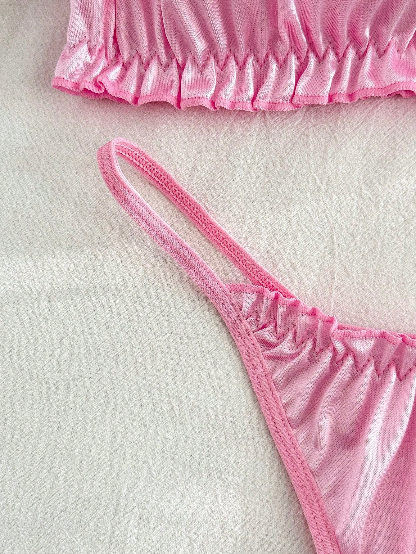 2pcs Pink Ruffle Off-Shoulder Satin Kawaii Cute Coquette Babydoll Lolita Sweet Lingerie Set For Women