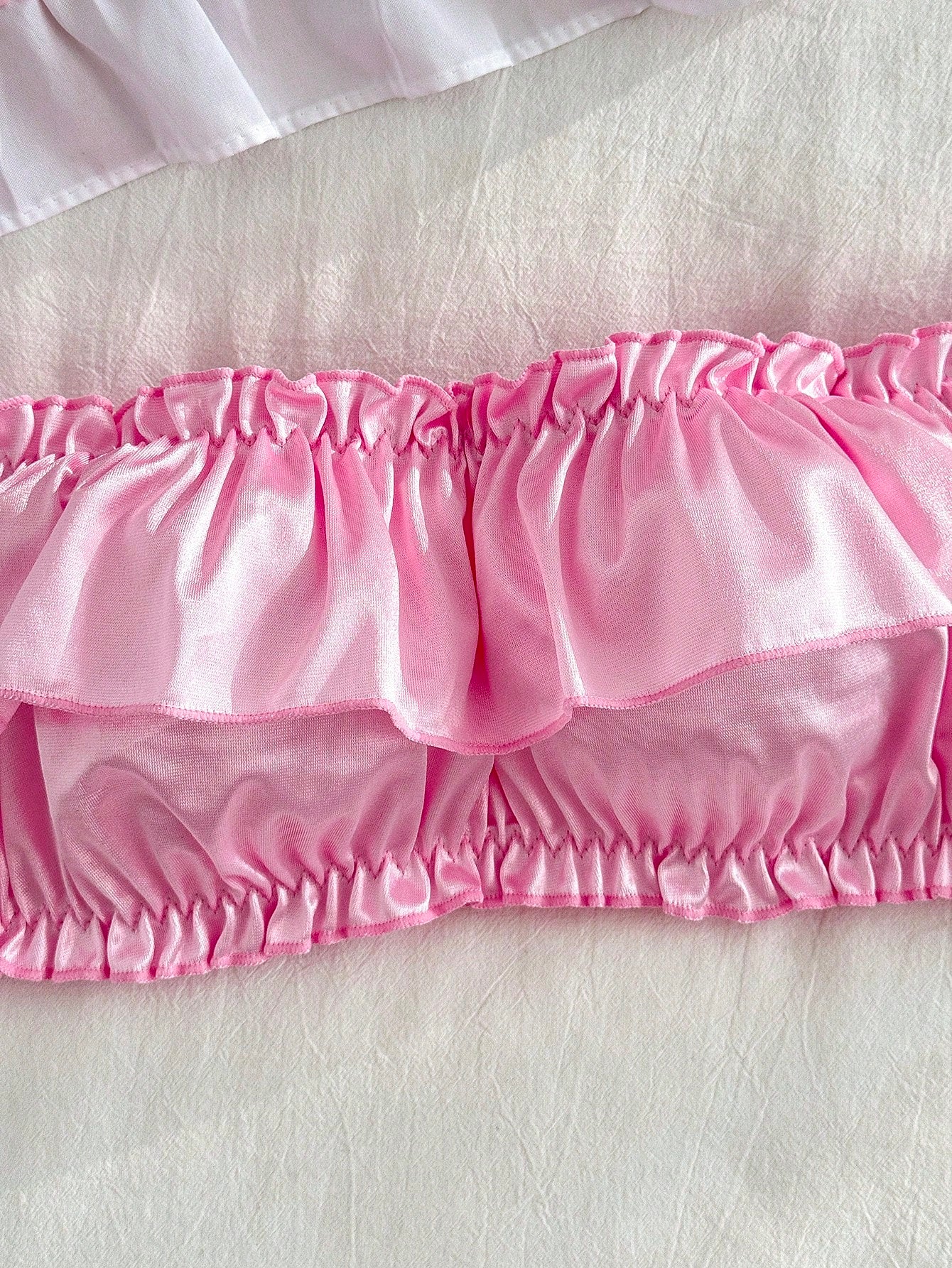 2pcs Pink Ruffle Off-Shoulder Satin Kawaii Cute Coquette Babydoll Lolita Sweet Lingerie Set For Women