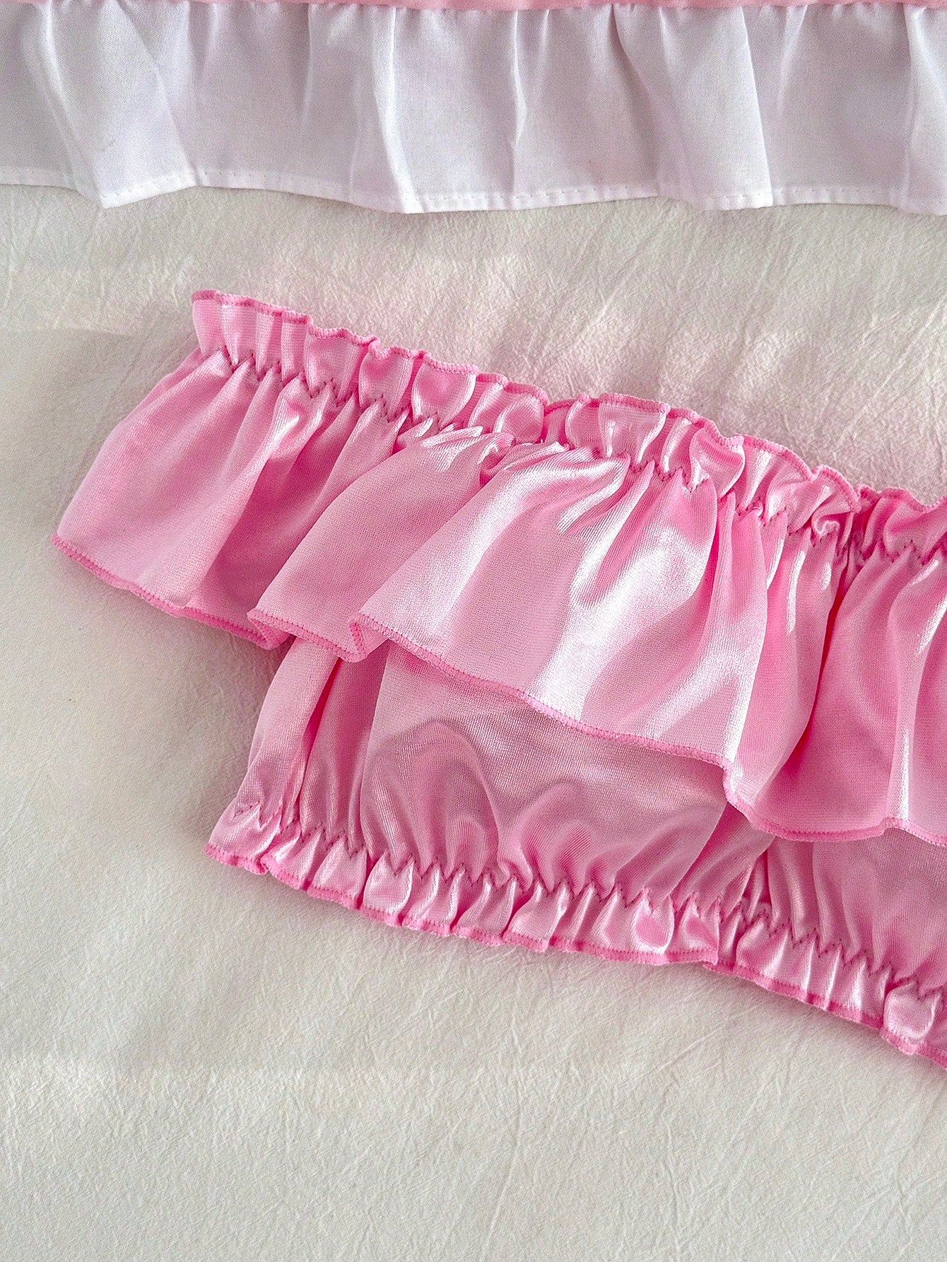 2pcs Pink Ruffle Off-Shoulder Satin Kawaii Cute Coquette Babydoll Lolita Sweet Lingerie Set For Women