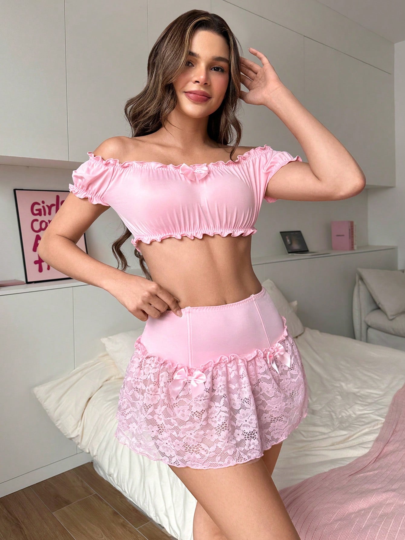 Women's Sweet Sexy Strapless Straight Neckline Lace Ruffle Puff Skirt Lingerie Set 3-Piece