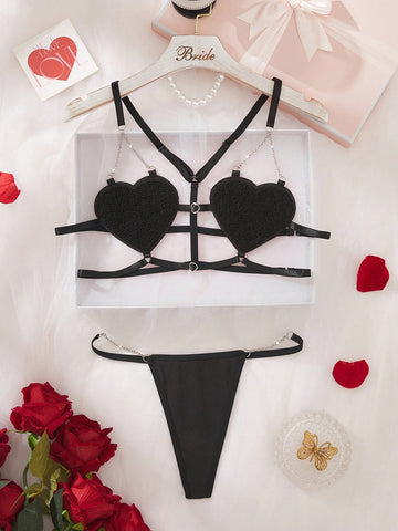 Sexy Lingerie Heart-Shaped Cup Chain Decor Women's Fun Sexy Backless Lingerie Set
