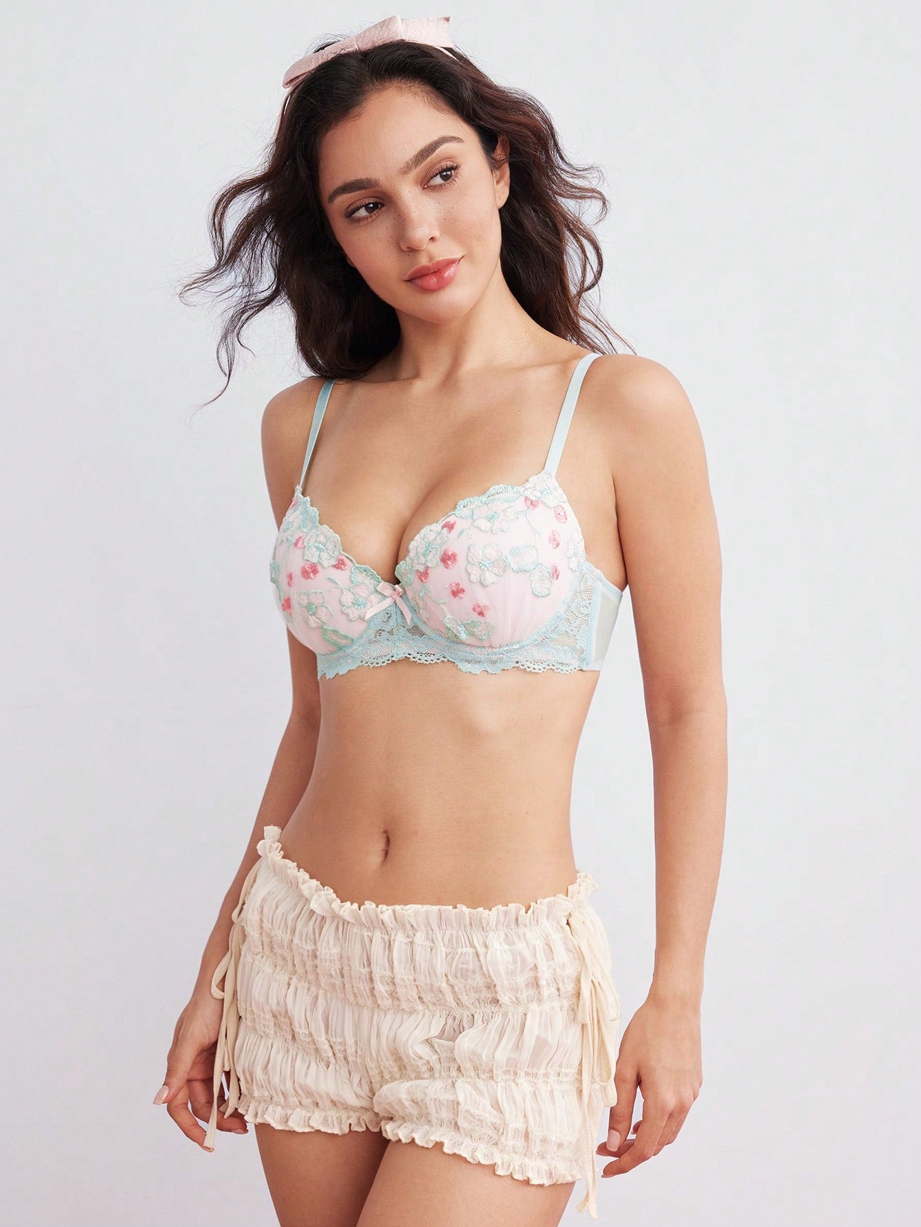 Mint Green Underwire Molded Cup High Support Push Up Lift Floral Embroidery Comfy Balconette Bra For Women