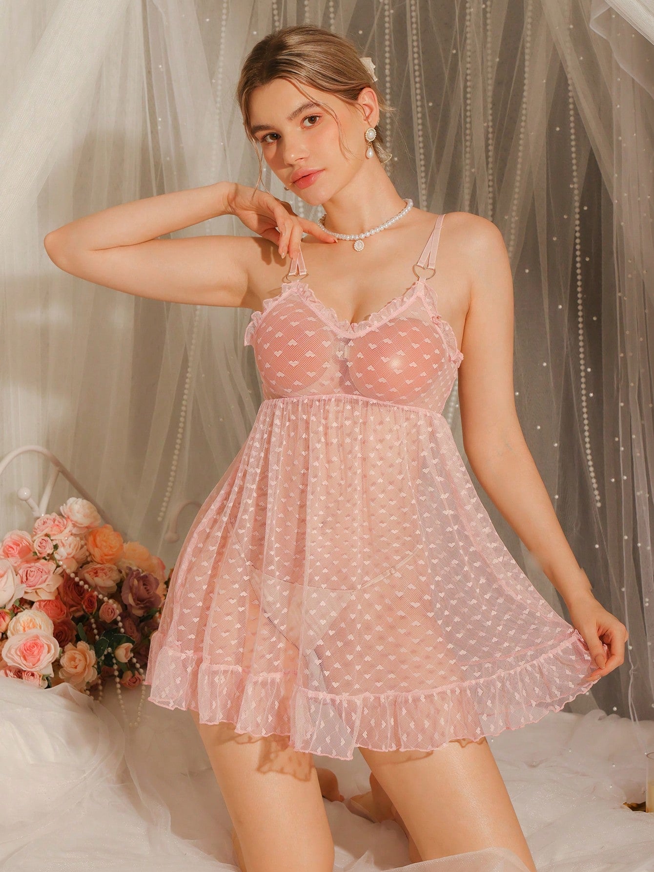 Women's Sweet Sexy Minimalist Sexy Heart-Shaped Sheer Mesh Jacquard Heart Button Ruffle Hem Mini Nightgown