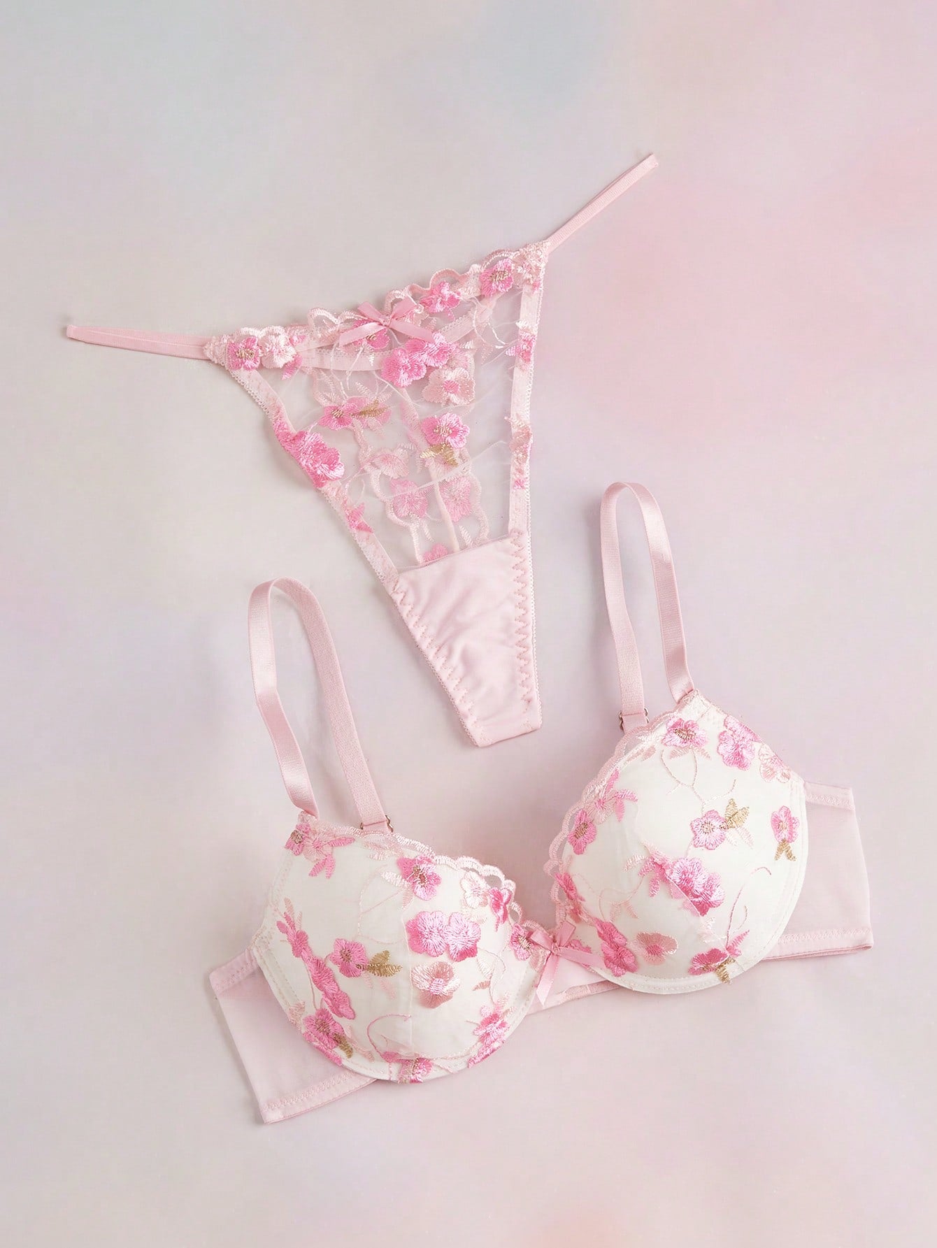 2pcs Hot Pink Underwire Molded Cup Comfy Balconette Push Up Embroidered Floral Pattern High Support Lift And Gather Romantic Cute Women's Lingerie Set
