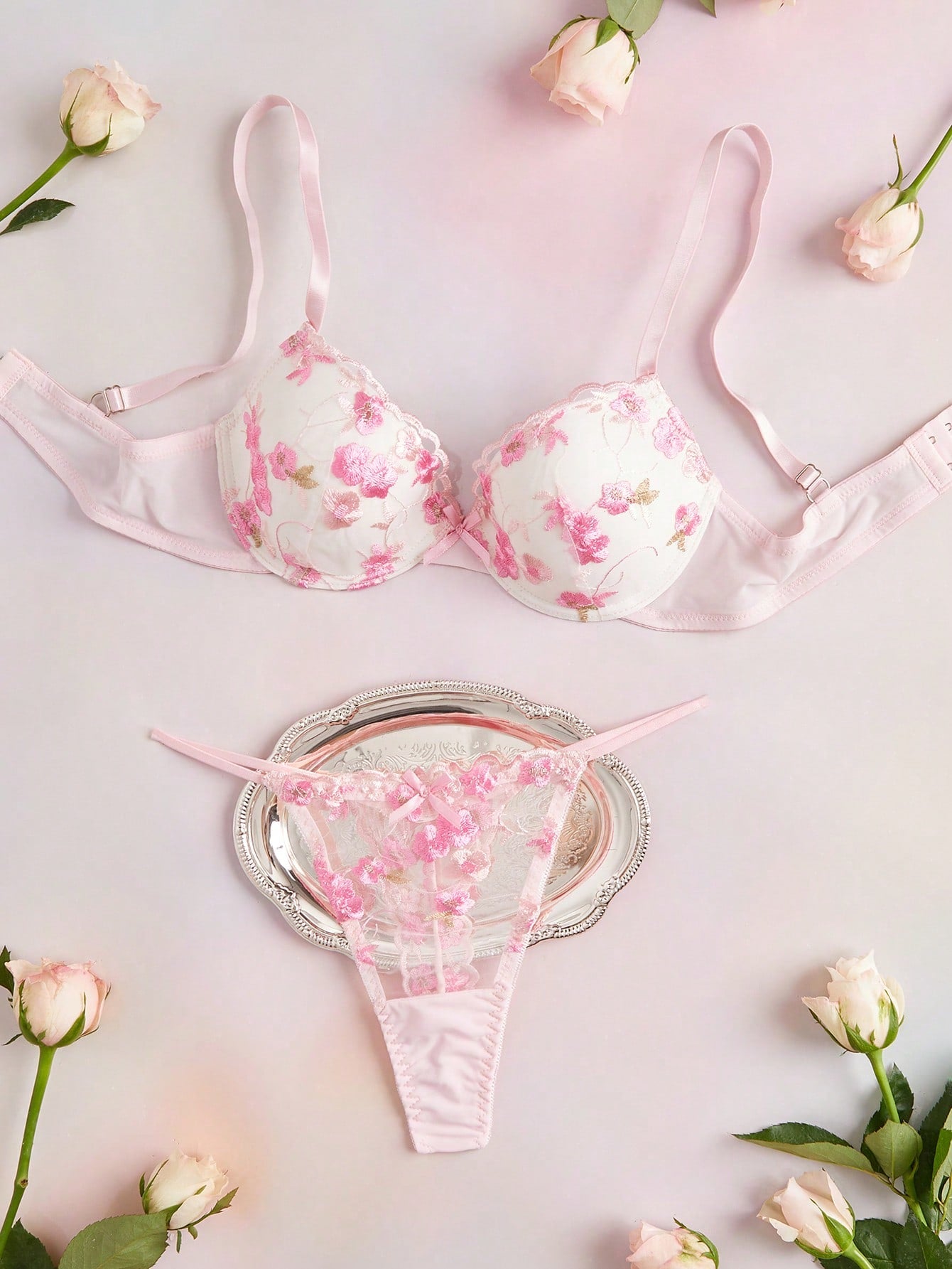2pcs Hot Pink Underwire Molded Cup Comfy Balconette Push Up Embroidered Floral Pattern High Support Lift And Gather Romantic Cute Women's Lingerie Set