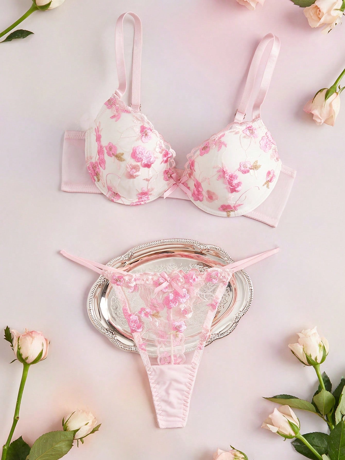 2pcs Hot Pink Underwire Molded Cup Comfy Balconette Push Up Embroidered Floral Pattern High Support Lift And Gather Romantic Cute Women's Lingerie Set