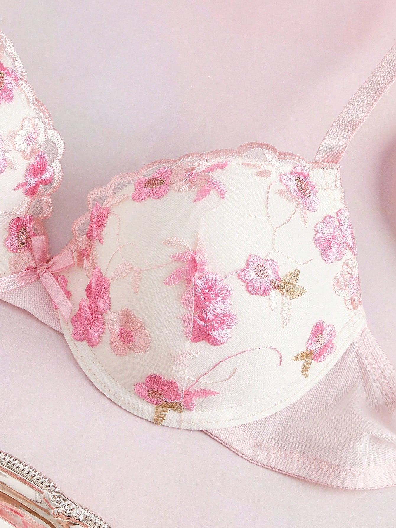 2pcs Hot Pink Underwire Molded Cup Comfy Balconette Push Up Embroidered Floral Pattern High Support Lift And Gather Romantic Cute Women's Lingerie Set