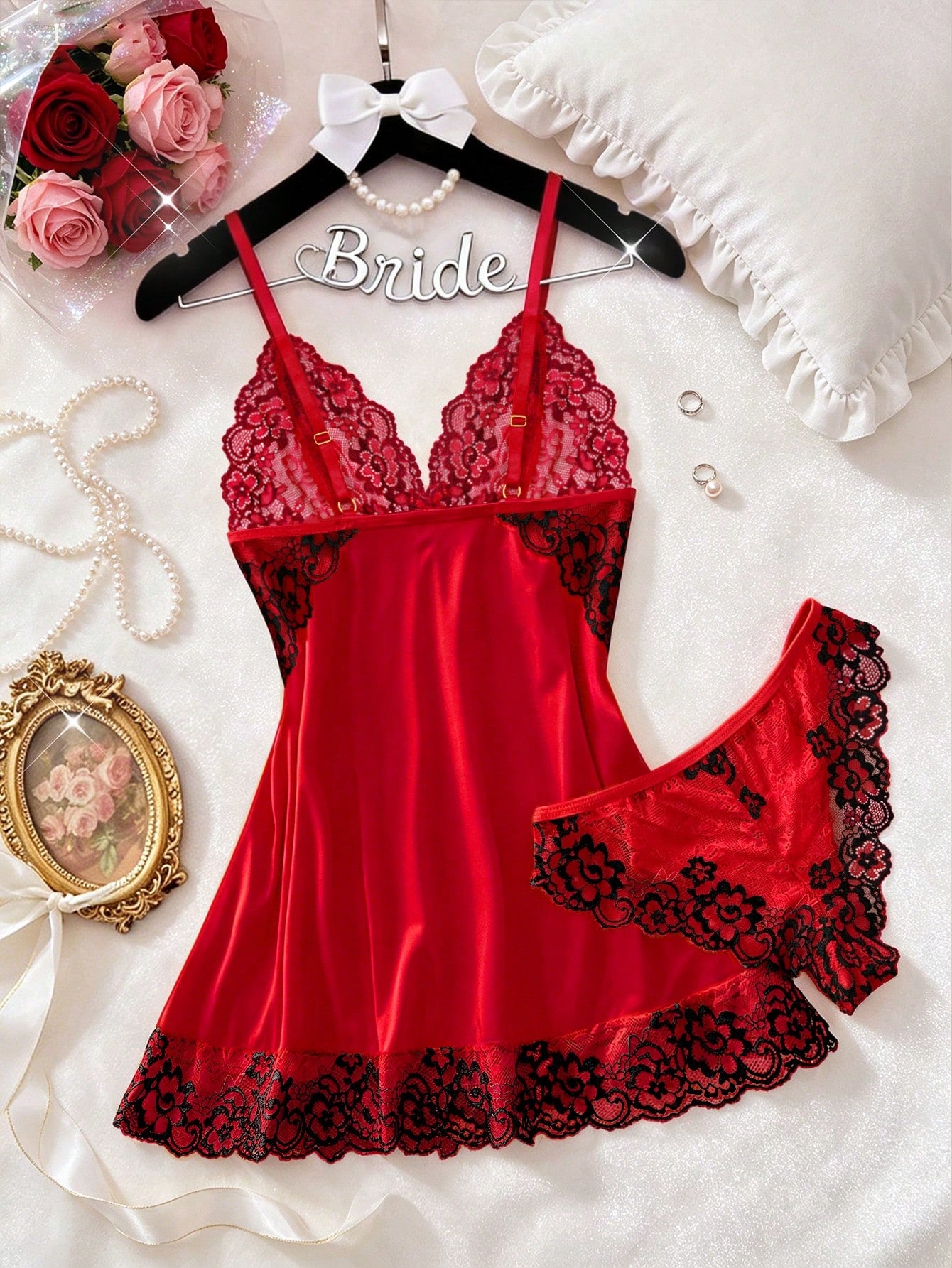 2pcs Contrast Floral Lace Sleepwear Set, V-Neck Semi-Sheer Bow Tie Nightgown And Panties, Elegant Women Pajamas