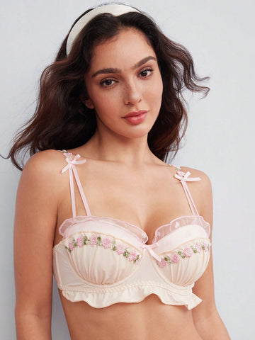 1pc 3D Pink Rose Embroidered Ruched Satin Ruffle Gathered Bra