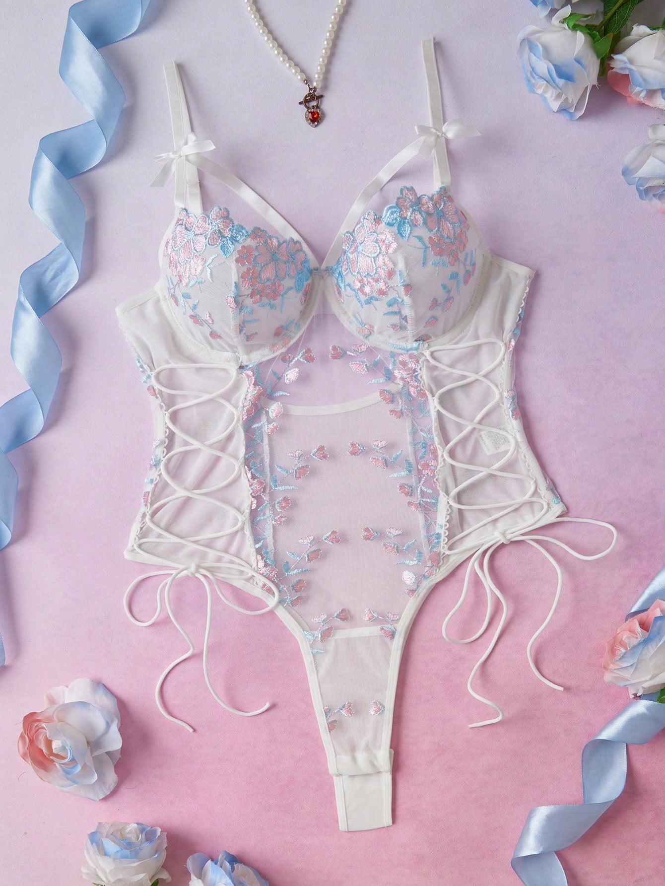 Floral Embroidery Fabric Patchwork Music Festival Party Club Sexy Doll Style Women's Lingerie Jumpsuit