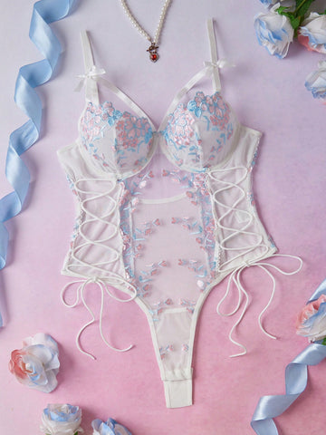 Floral Embroidery Fabric Patchwork Music Festival Party Club Sexy Doll Style Women's Lingerie Jumpsuit