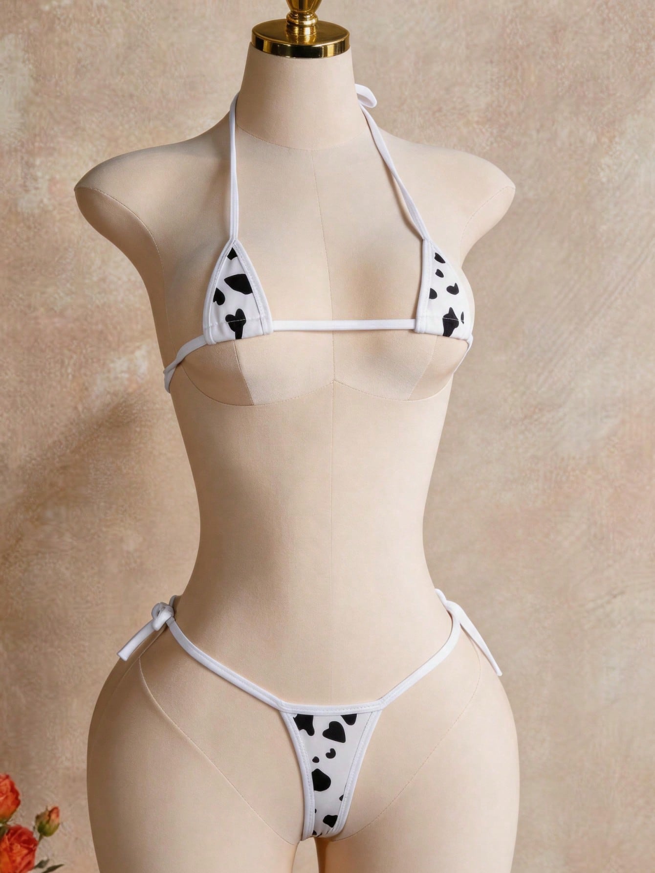 Sexy Lingerie Erotic Set Mini Triangle Halter Tie Bikini Bra And Thong Stripper Outfit Red And Black Contrast Cow Print Women's 2026 Spring/Summer New Valentine's Day Beach Party Wedding Vacation Sexy Matching Piece