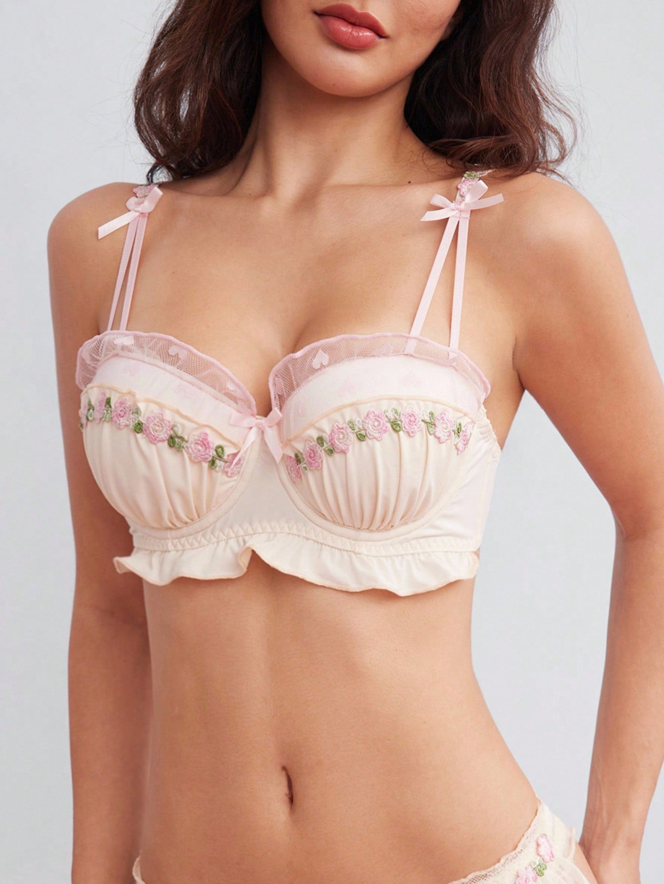 1pc 3D Pink Rose Embroidered Ruched Satin Ruffle Gathered Bra