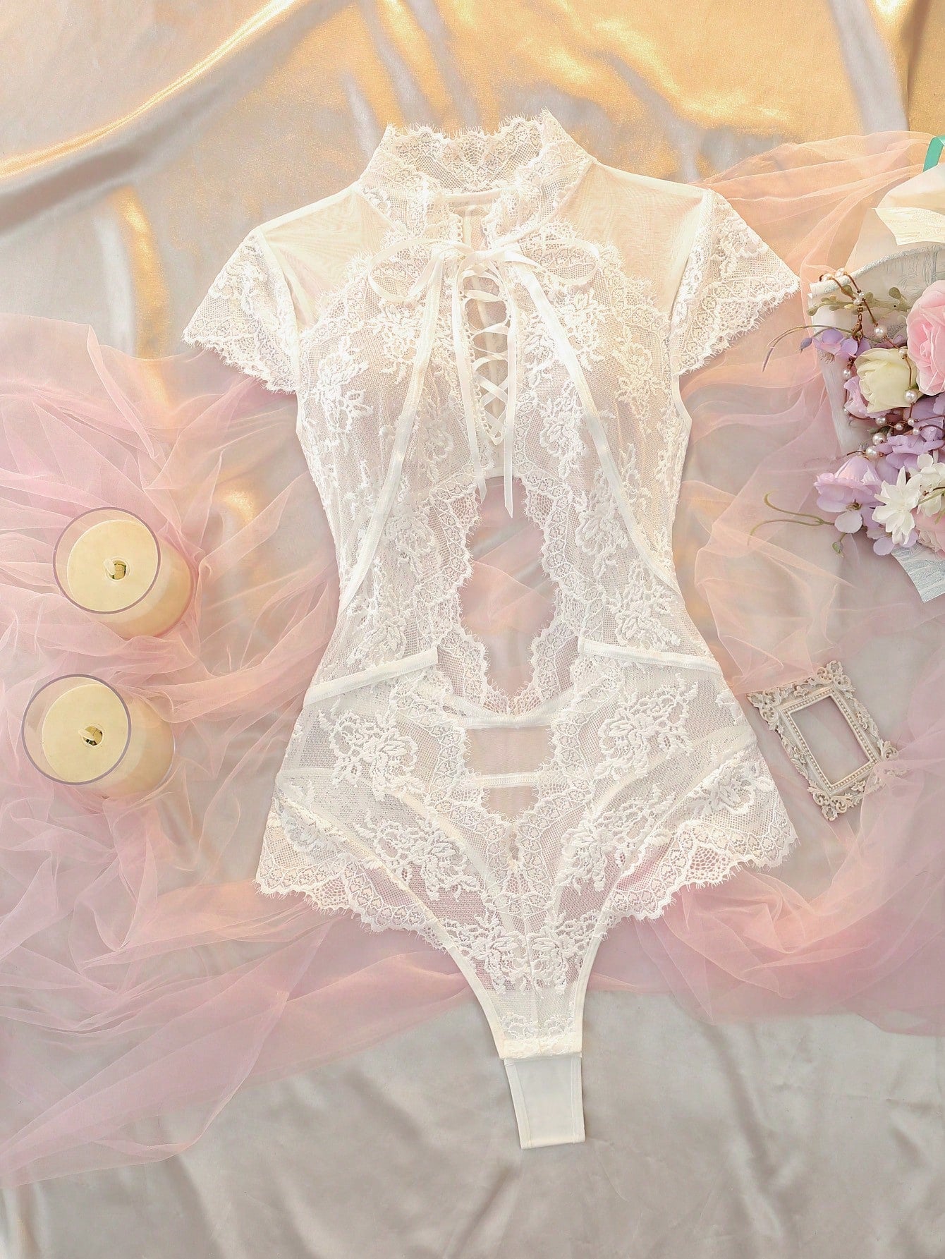 White Lace Mesh Patchwork Ribbon Bow Cutout Design Women's Jumpsuit