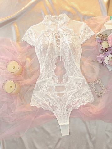 White Lace Mesh Patchwork Ribbon Bow Cutout Design Women's Jumpsuit