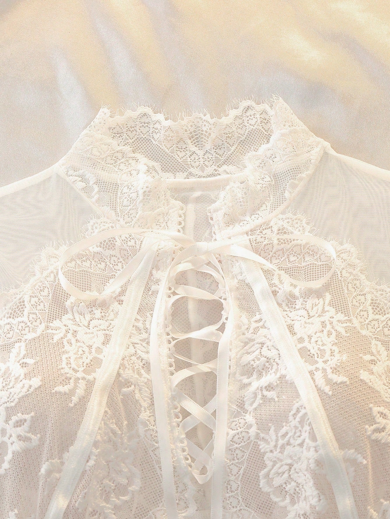 White Lace Mesh Patchwork Ribbon Bow Cutout Design Women's Jumpsuit