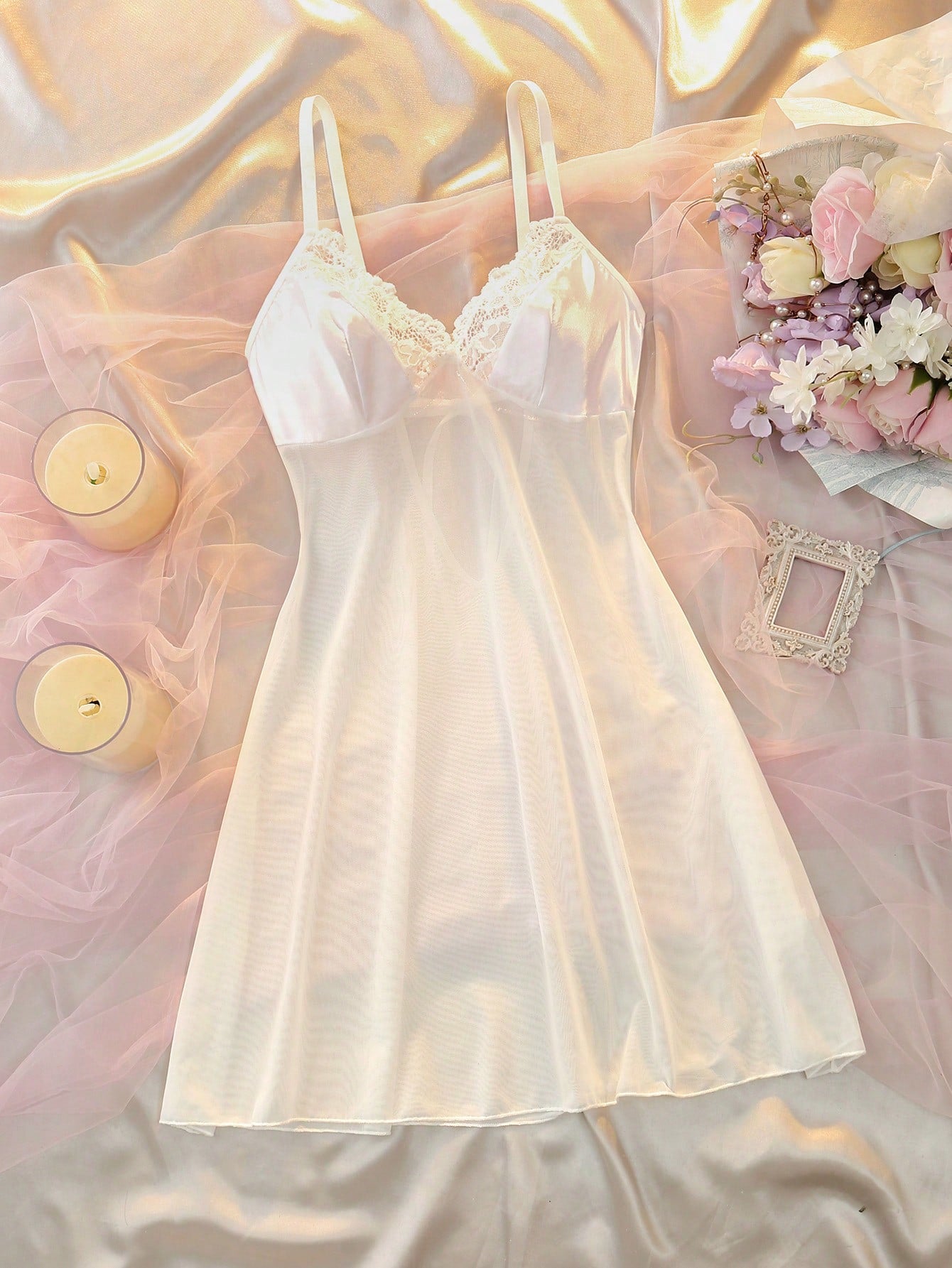 White Satin Patchwork Lace Mesh Back Tie Sheer Semi-See-Through Sexy Skin-Friendly Bedroom Nightwear Short Babydoll Nightgown For Women, Sexy Lingerie Camisole Slip Dress