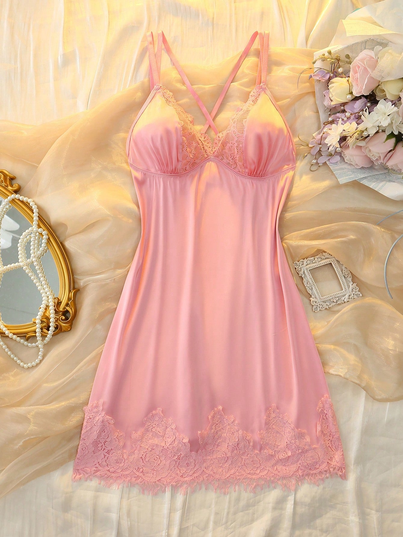 Pink Satin Cute Coquette Babydoll Lolita Lace Patchwork Deep V-Neck Pure Elegant Women's Nightgown