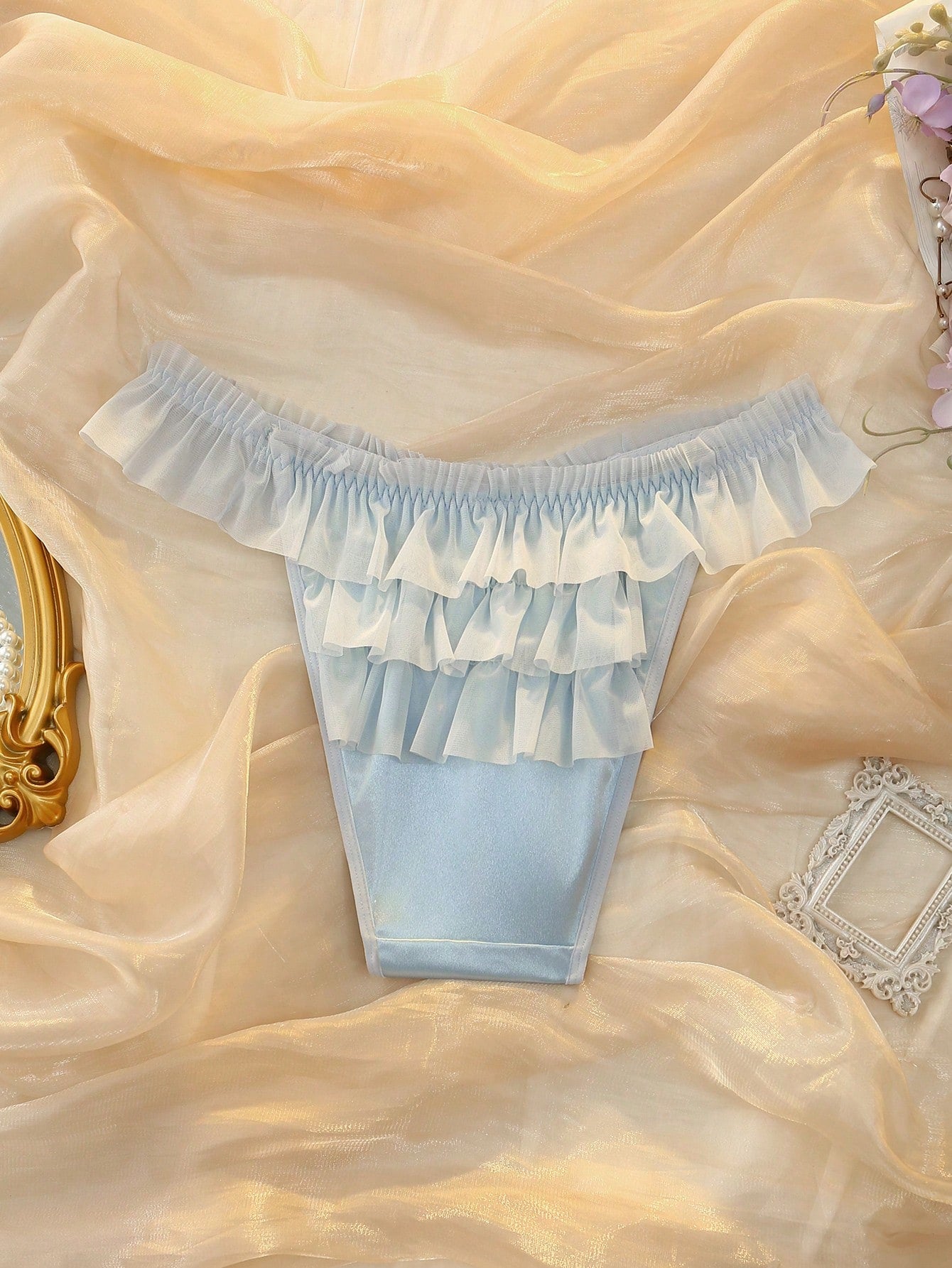 Light Blue Satin Cute Coquette Babydoll Lolita Ruffle Bow Multi-Layer Design Pure & Sweet Women's Triangle Panties