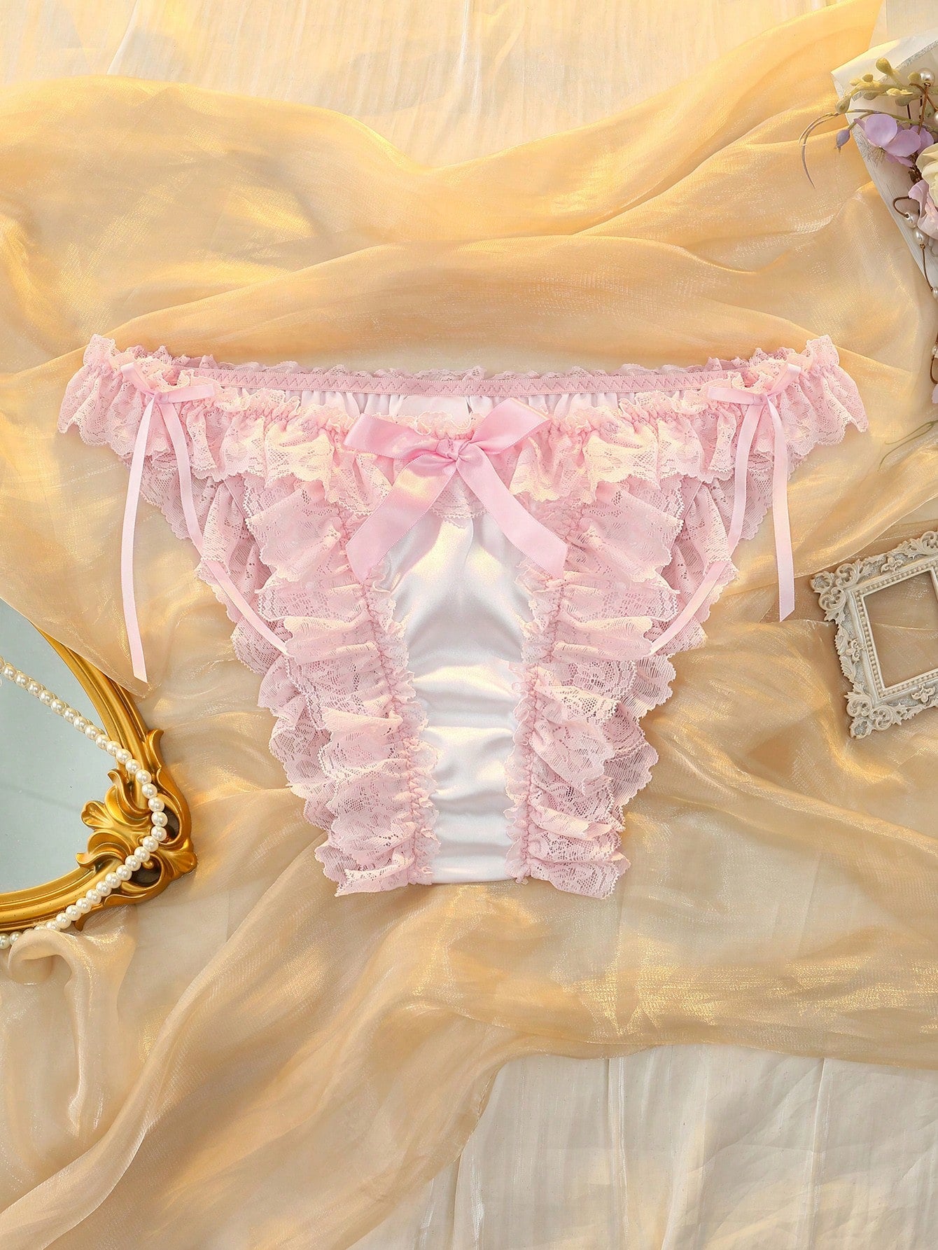 White & Pink Satin Cute Coquette Babydoll Lolita Ruffled Lace Bow Pure & Sweet Women's Triangle Panties