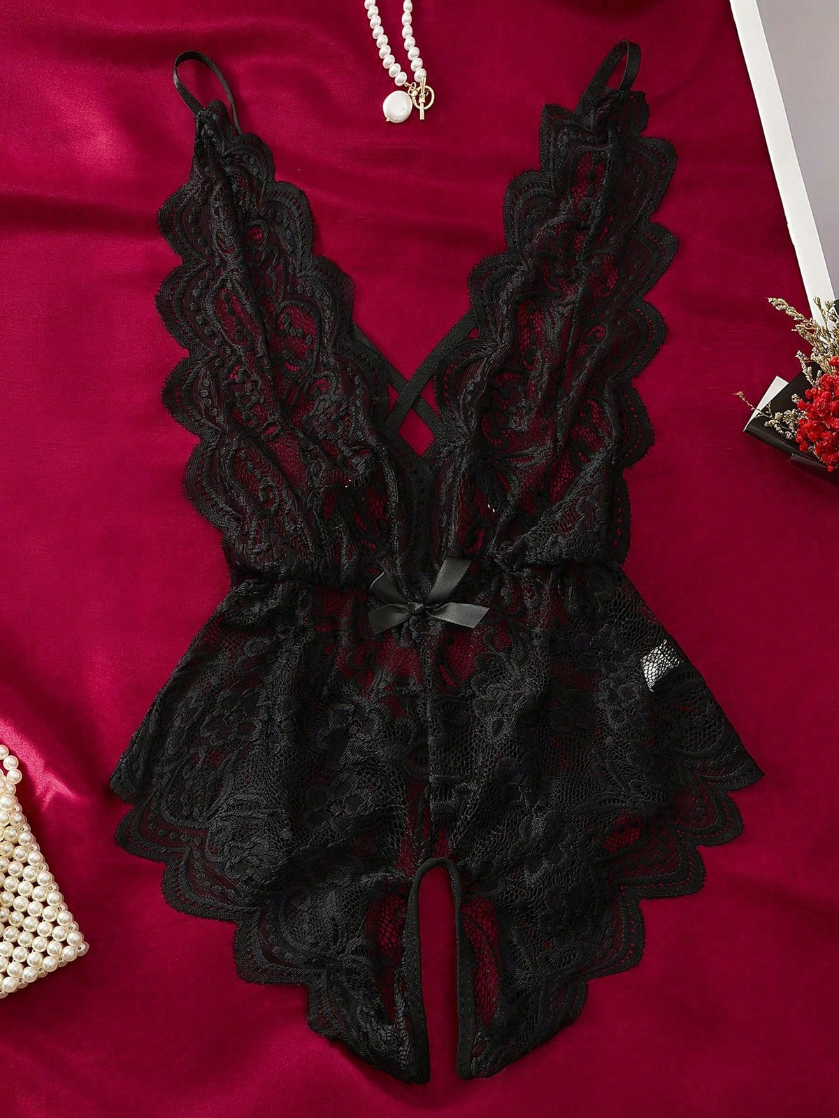 1pc Sexy Halter Neck Lace Bodysuit With Backless Design For Rave