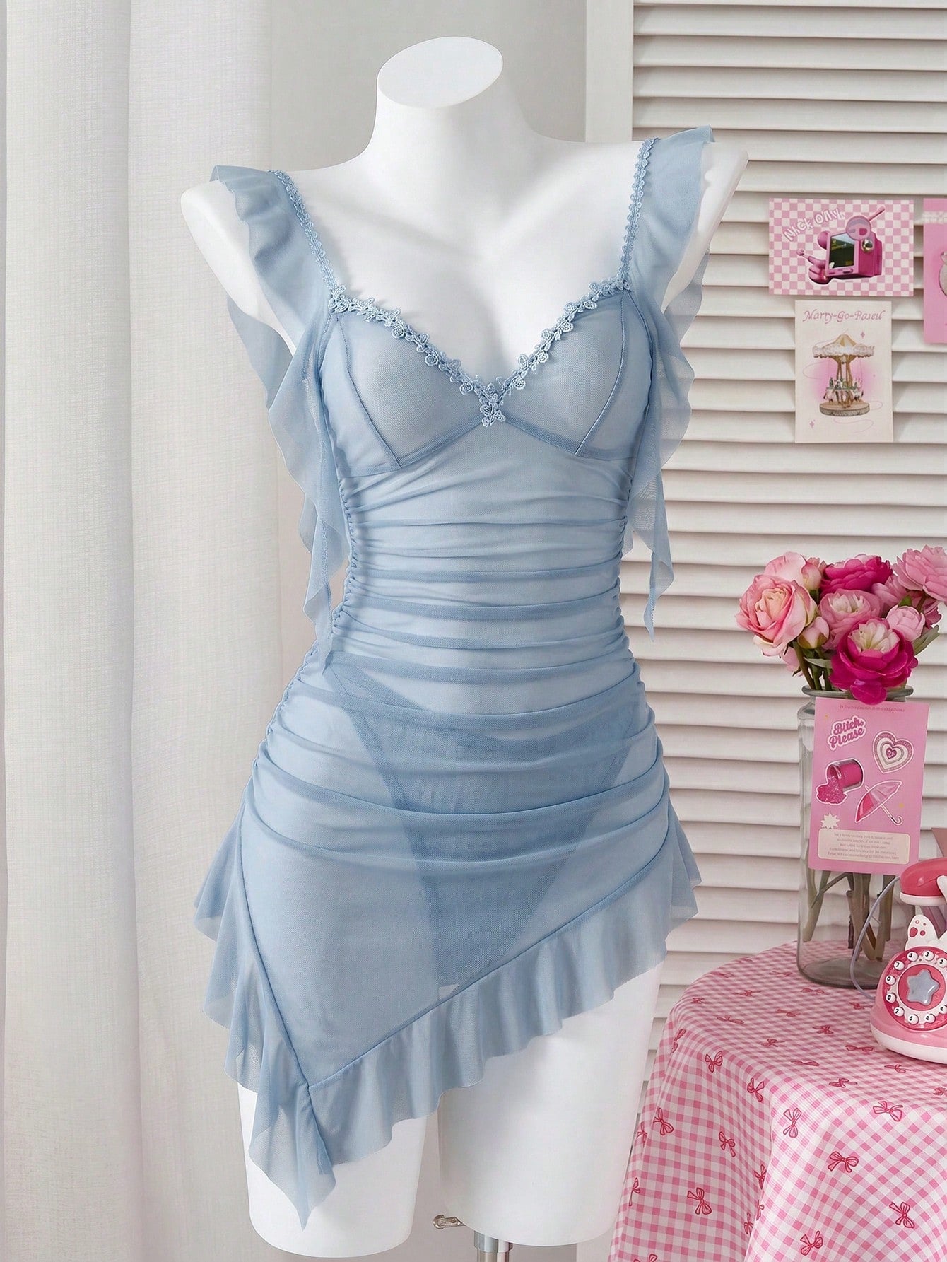 2pcs Set Sheer Ruffle Asymmetrical Hem Mini Dress, Going Out Sheer Lingerie Set