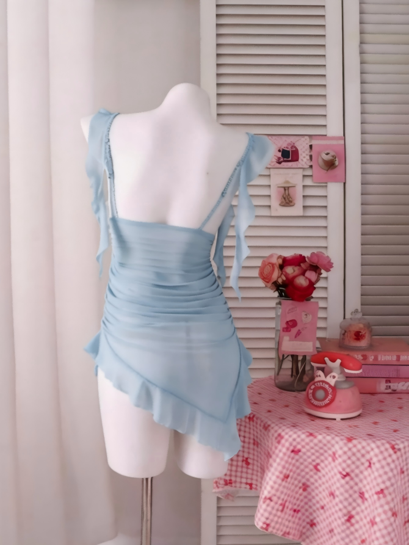 2pcs Set Sheer Ruffle Asymmetrical Hem Mini Dress, Going Out Sheer Lingerie Set