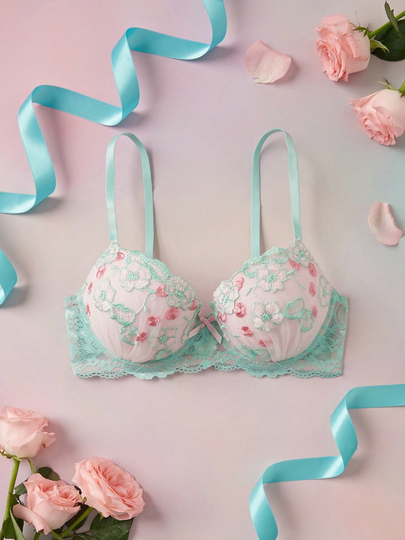 Mint Green Underwire Molded Cup High Support Push Up Lift Floral Embroidery Comfy Balconette Bra For Women