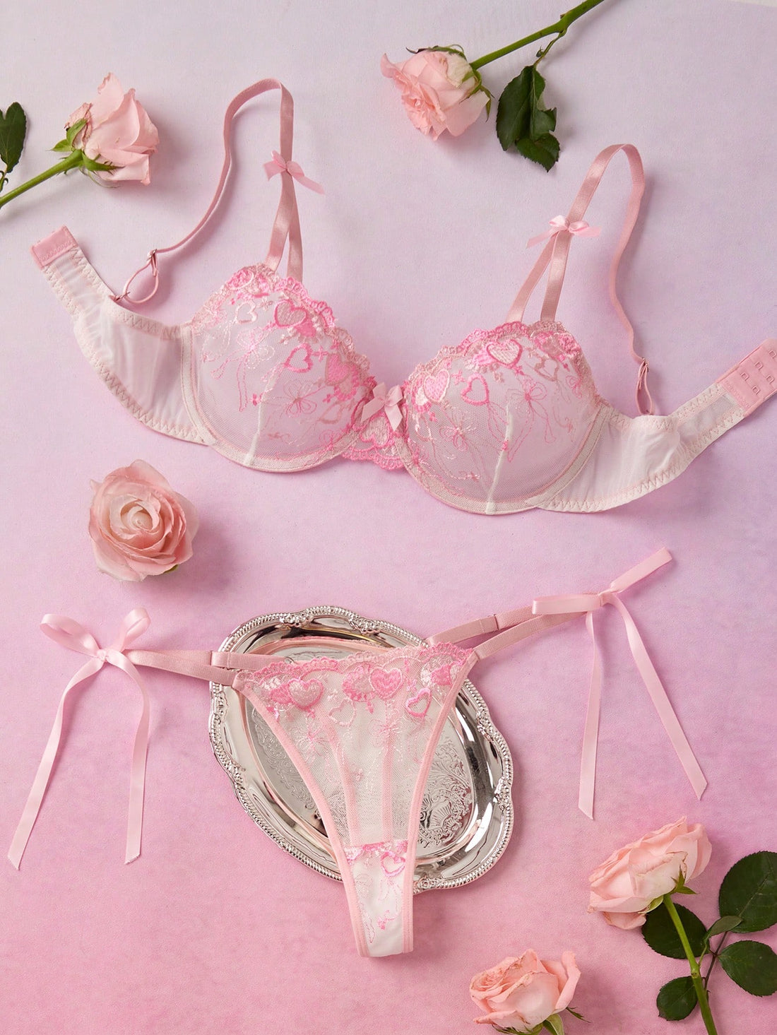 Sexy Embroidered Underwire Bra & Panty 2-Piece Set, Romantic Pastoral Style