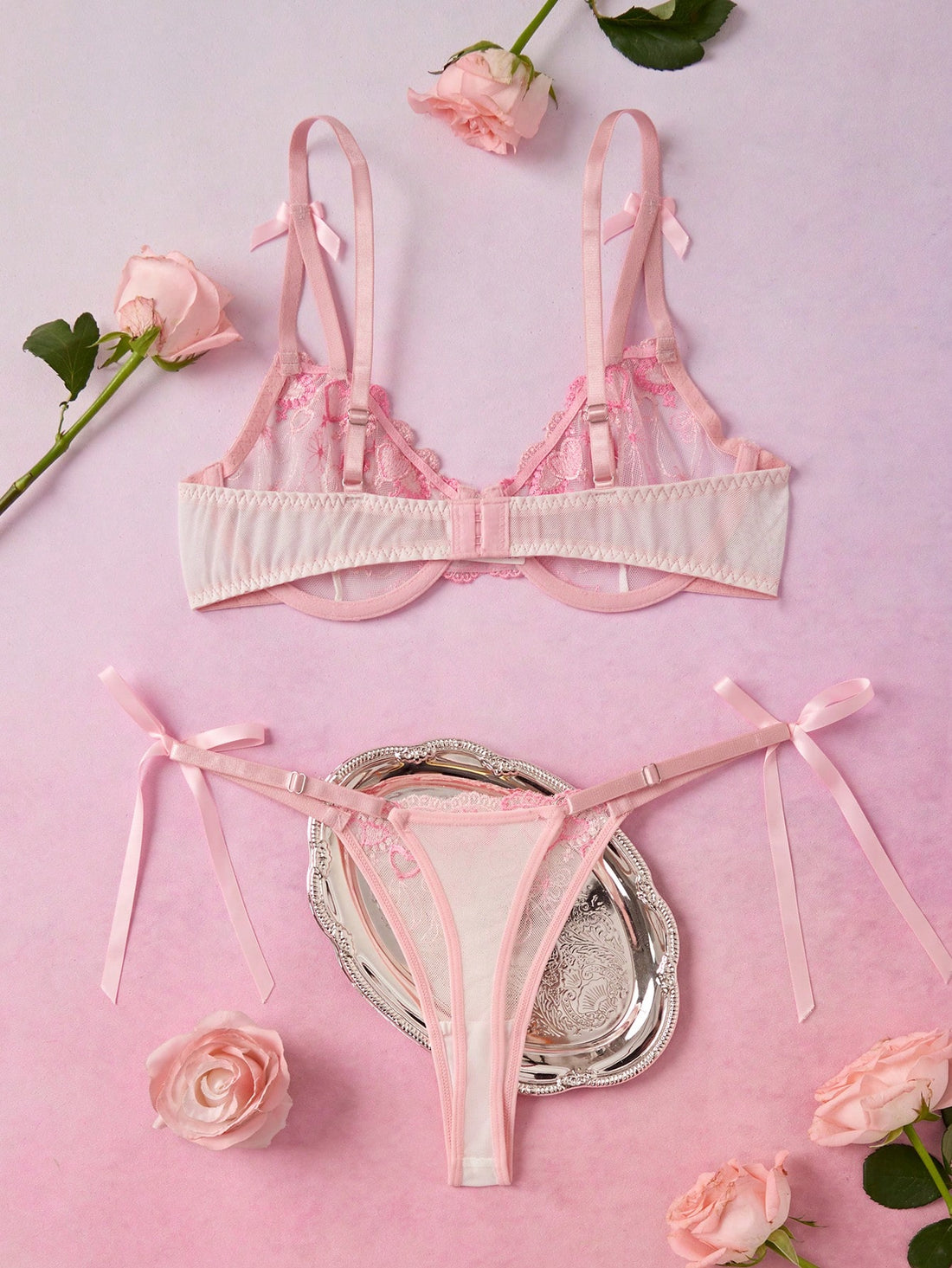 Sexy Embroidered Underwire Bra & Panty 2-Piece Set, Romantic Pastoral Style