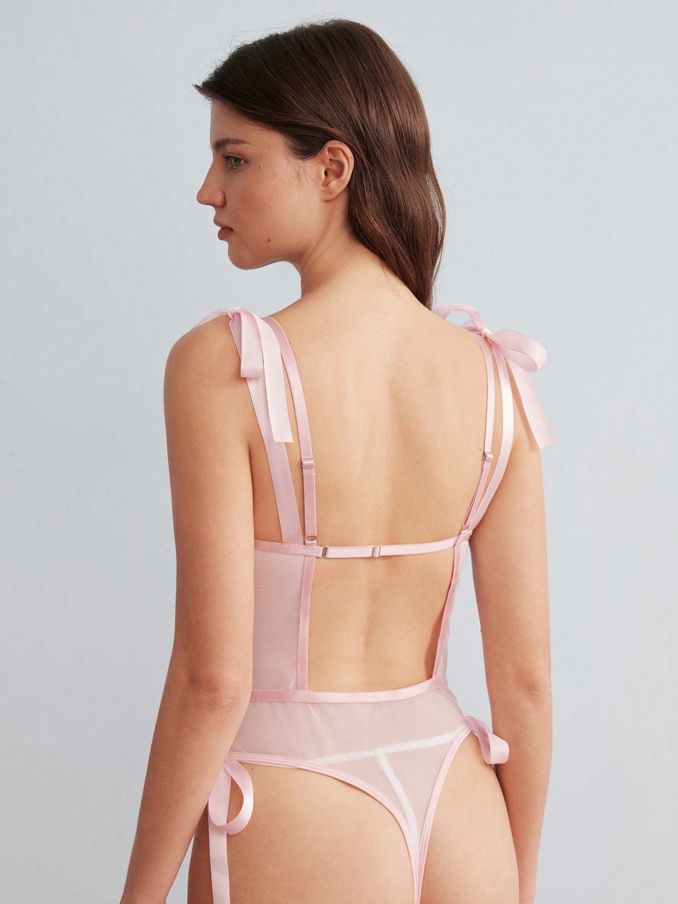Pink Bow Tie Heavy Embroidery Floral Leaf Mesh Ribbon Bow Romantic Blooming Pastoral Sexy Flower Fairy Midsummer Fresh Women's Lingerie Bodysuit