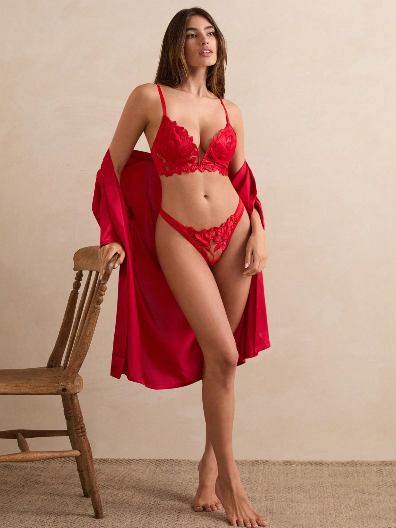 French V-shaped bra and panty lingerie set with embroidered sheer details, adjustable straps, underwire bralette, and low-rise thong panty