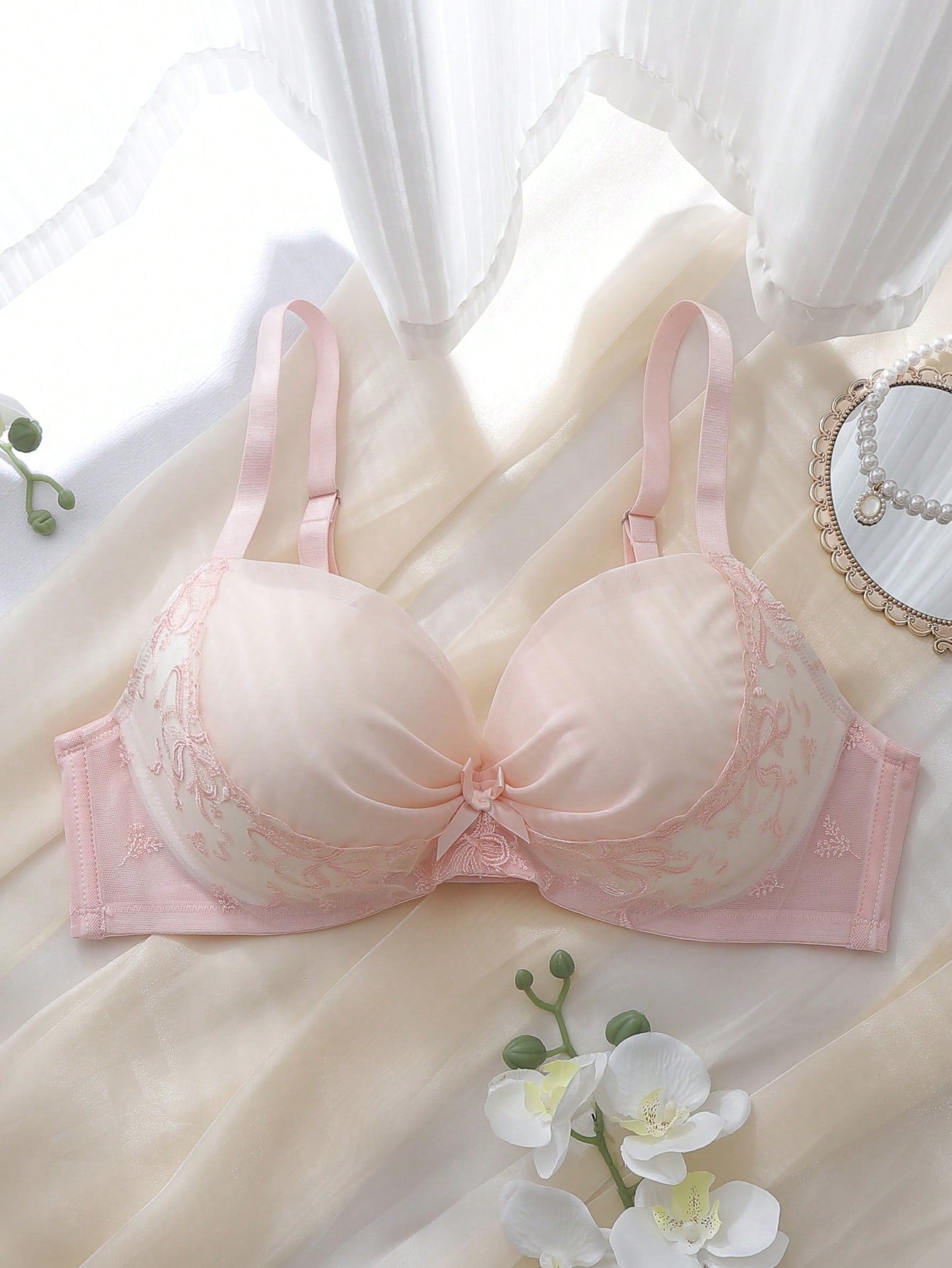 Pink Underwire Molded Cup Mesh Lace Bow Lift & Push-Up Plus Size Bra & Wireless Bra