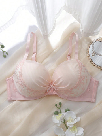 Pink Underwire Molded Cup Mesh Lace Bow Lift & Push-Up Plus Size Bra & Wireless Bra