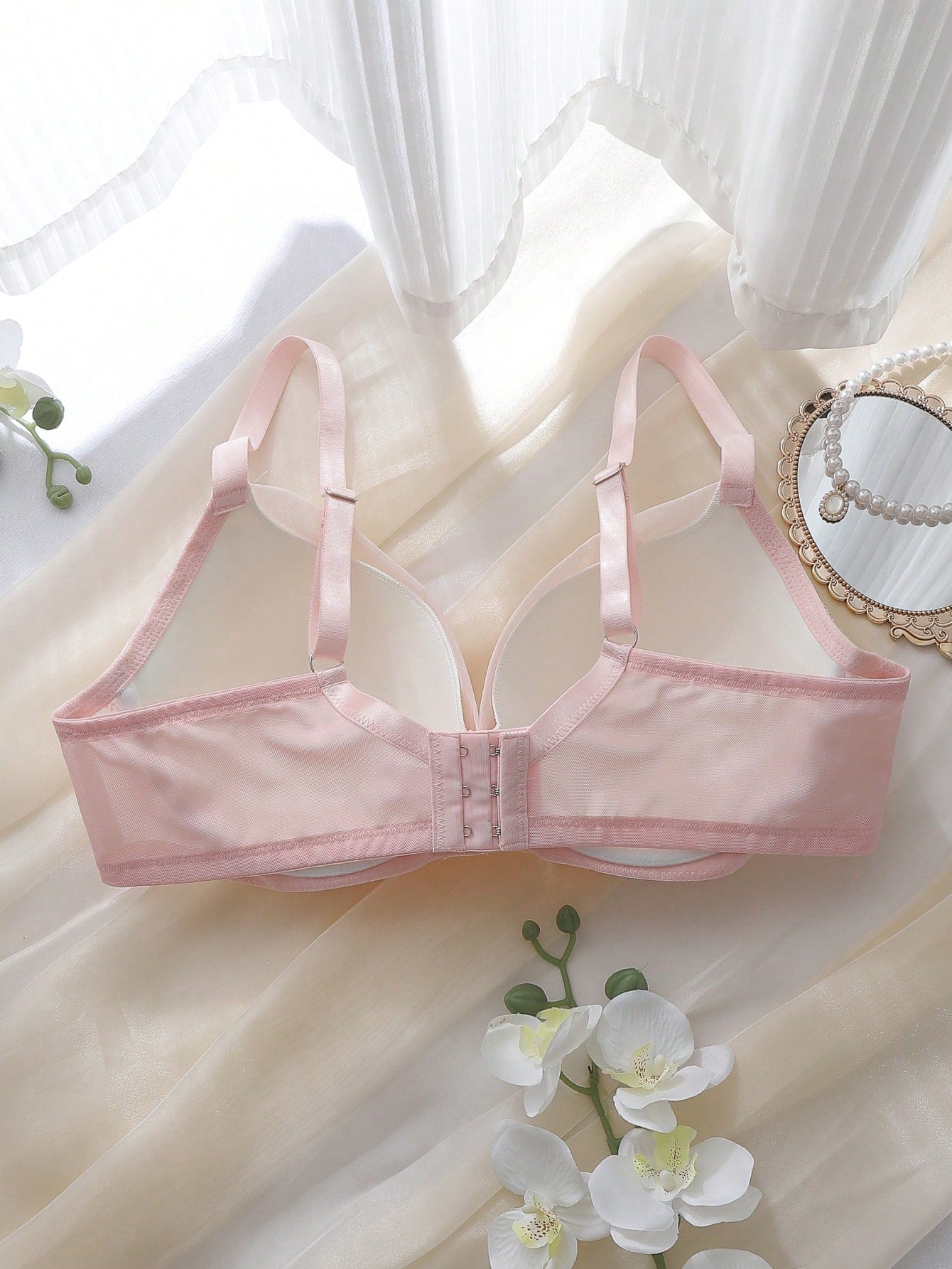 Pink Underwire Molded Cup Mesh Lace Bow Lift & Push-Up Plus Size Bra & Wireless Bra