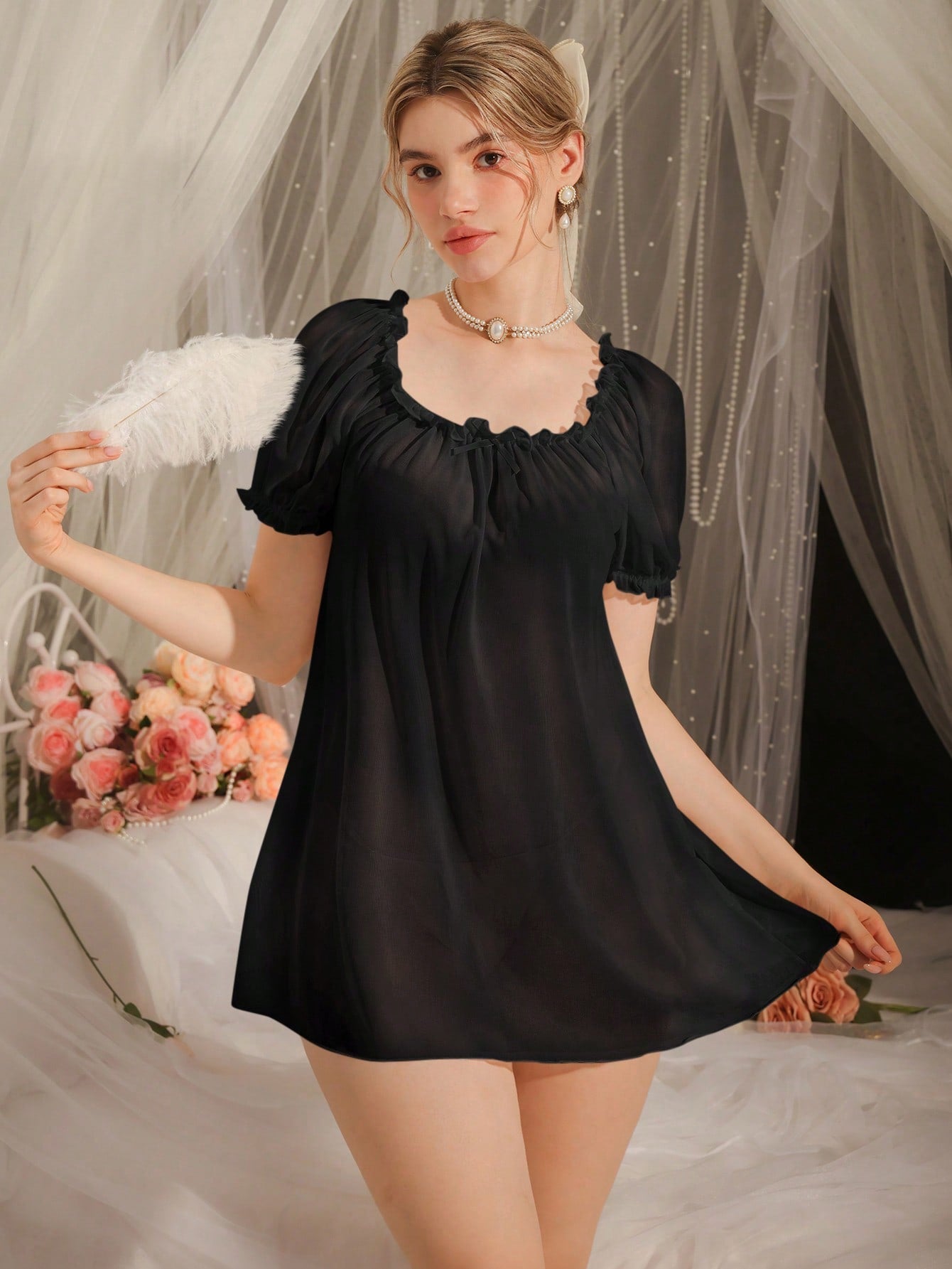 Women's Solid Color Frill Trim Front Tie Short Sleeve Nightgown